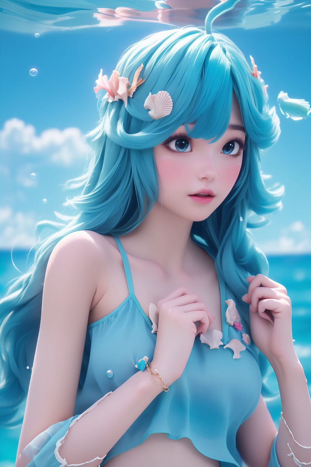 (1girl),smooth chin,masterpiece,detailed face,((hair ornament)),top quality,4k,make up,best quality,alone,single,solo,only one,one character,blush,(body blush),(detached sleeves),earrings,(blue hair),under water,(head fins),long hair,(from below),ocean,(puffy hair:1.13),head wings,frilled skirt,frilled clothes,model,looking at viewer,Cute Women,frilled shirt,bubble skirt,green skirt,full body,(detached shirt),bandeau,blue skirt,((Prayer with both hands)),(Masterpiece), the best quality,((The best hand))