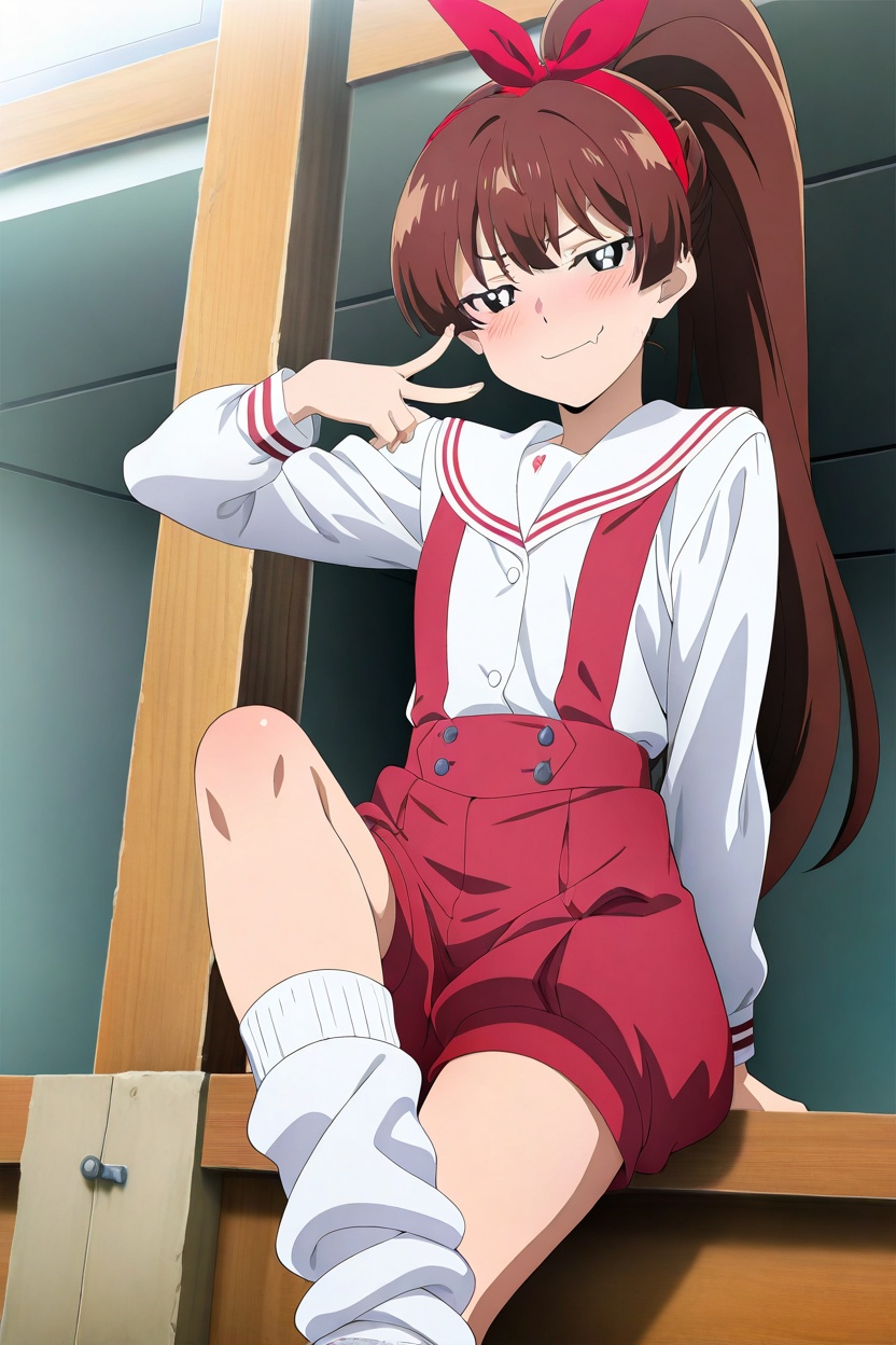 anime artwork (illustration:1.1),detailed,official wallpaper,year 2024,newest,.,.,.,1girl,.,have to pee,<lora:RE10-000020:0.85>,smug,fang,brown hair,ponytail,(high ponytail:1.1),long hair,black eyes,skin fang,blush,school uniform,loose socks,socks,red bow on hair ribbon,red bow hairband,white shirt,button shirt,shorts,puffy_shorts,red suspender shorts,long sleeves,white sailor_collar,flat chest,doyagao,buttoned clothing,foot_on,, very awa, masterpiece, best quality, highres, absurdres,, (Stable_Yogis_Illustrious_Negatives:1.0), . anime style, key visual, vibrant, studio anime,  highly detailed