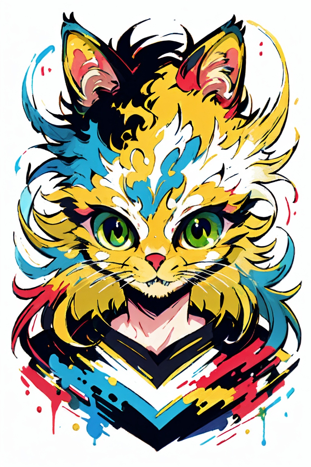 ,(Masterpiece:1.2, high quality,ultra-fine painting,Vivid Colors),(white background:1.2),TshirtDesignAF, T shirt design,cat, solo,green eyes,yellow animal hair(Brown stripes),vibrant,cure lovely,<lora:Chinese Li Hua:0.8> ,  <lora:cat_20230627113759:0.5>, <lora:TShirtDesignRedmond1-5V-LiberteRedmond-TShirtDesignAF:1>