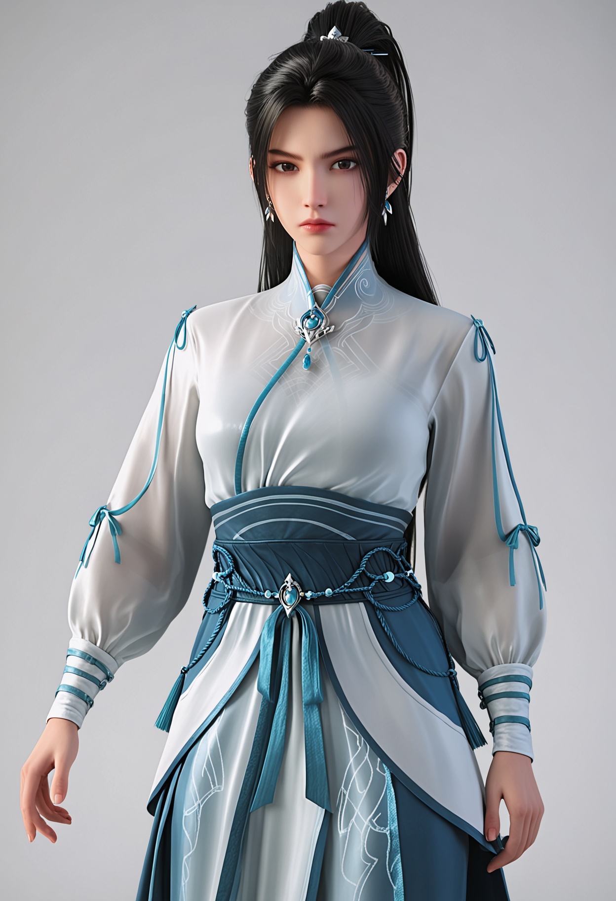 score_9,high detail,best quality,cinematic lighting,volumetric lighting,shiny skin,shiny,ningyao,1girl,solo,brown_eyes,earrings,white background,black hair,jewelry,long hair,hair_ornament,breasts,sash,dress,long sleeves,expressionless,ponytail,simple background,white dress,realistic,ponytail,hair ribbon,looking_at_viewer,thighs,<lora:QQSponyningyaoV1:0.8>,<lora:Pony_DetailV2.0:0.8>,<lora:皮肤凹痕:0.1>,