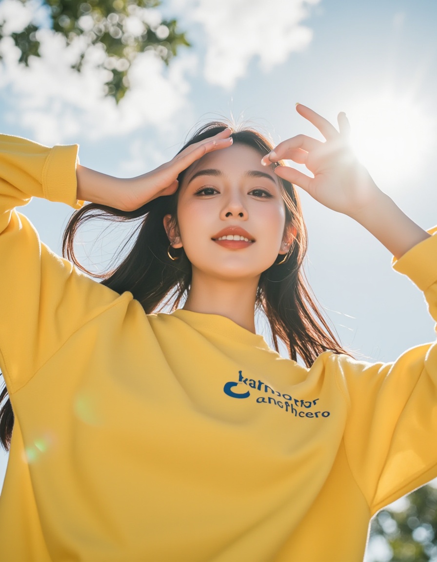 neomj,flashlighting,low-angle,wide shot,Film Photography,a fashion shot,The lighting is bright and sunny,with a warm,natural daylight feel,creating a cheerful and airy atmosphere,A young woman,smile,a cheerful and airy atmosphere,<lora:neomj闪光灯v3_12:1>,