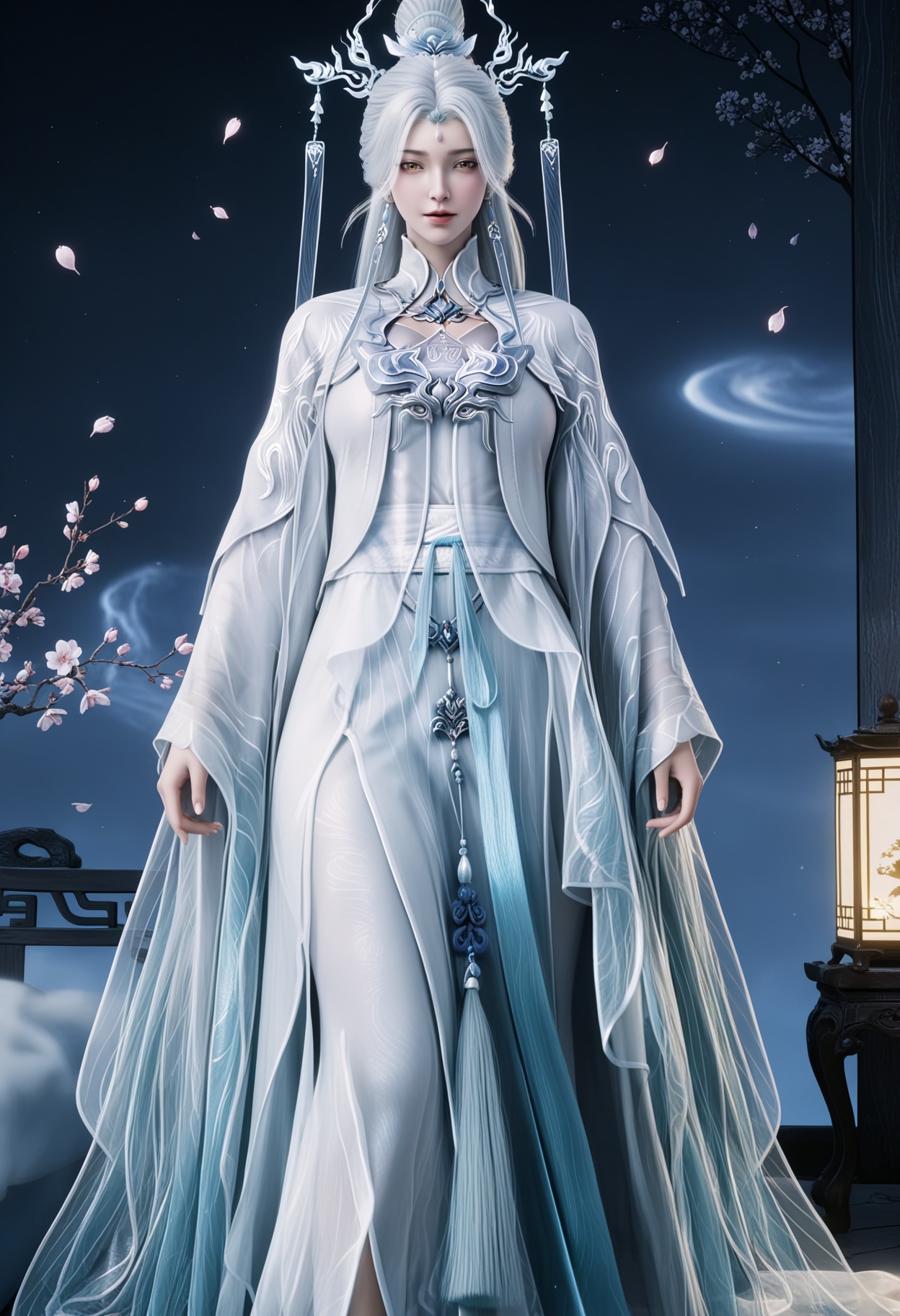 masterpiece,best quality,amazing quality,high resolution,ultra-detailed,absurdres,(looking at viewer:1.1),upper body,(Dark room:1.3),(moody lighting:1.1),peach blossom,falling petals BREAK (large breasts:0.8),jianma,1girl,solo,white hair,long hair,jewelry,hair ornament,earrings,realistic,dress,chinese clothes,hair bun,white dress,long sleeves,yellow eyes,tassel,wide sleeves,barefoot BREAK photorealistic details,<lora:QQSilljianmaV1:0.8>,