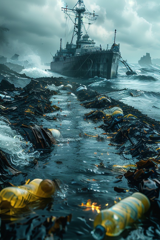 still life , High resolution movie lighting, surreal detail photography, Movie style, Doomsday, outdoors, water, sky, no humans, cloud, ocean, fire, scenery, military vehicle, watercraft, ship, warship, battleship