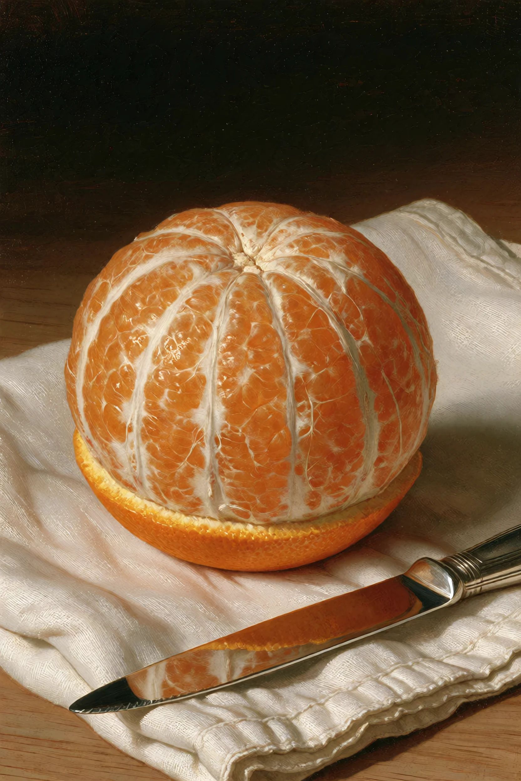 sacredmenag,  a single peeled orange resting on a folded white cloth beside a small silver knife,  plain dark background o...