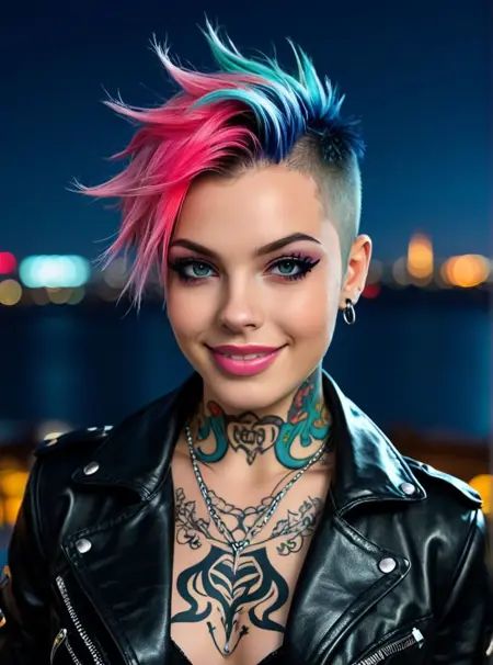 Portrait, girl, punk, cute, seductive, innocent, light smile:0.3, plump lips, slender body, very short hair, multicolored hair, in high detailed textured black leather jacket, piercing, small tattoo, most iconic photo, London night background, 4n1v3rs3, depth of field, dynamic angle, fashion photography, sharp, hyperdetailed:1.15