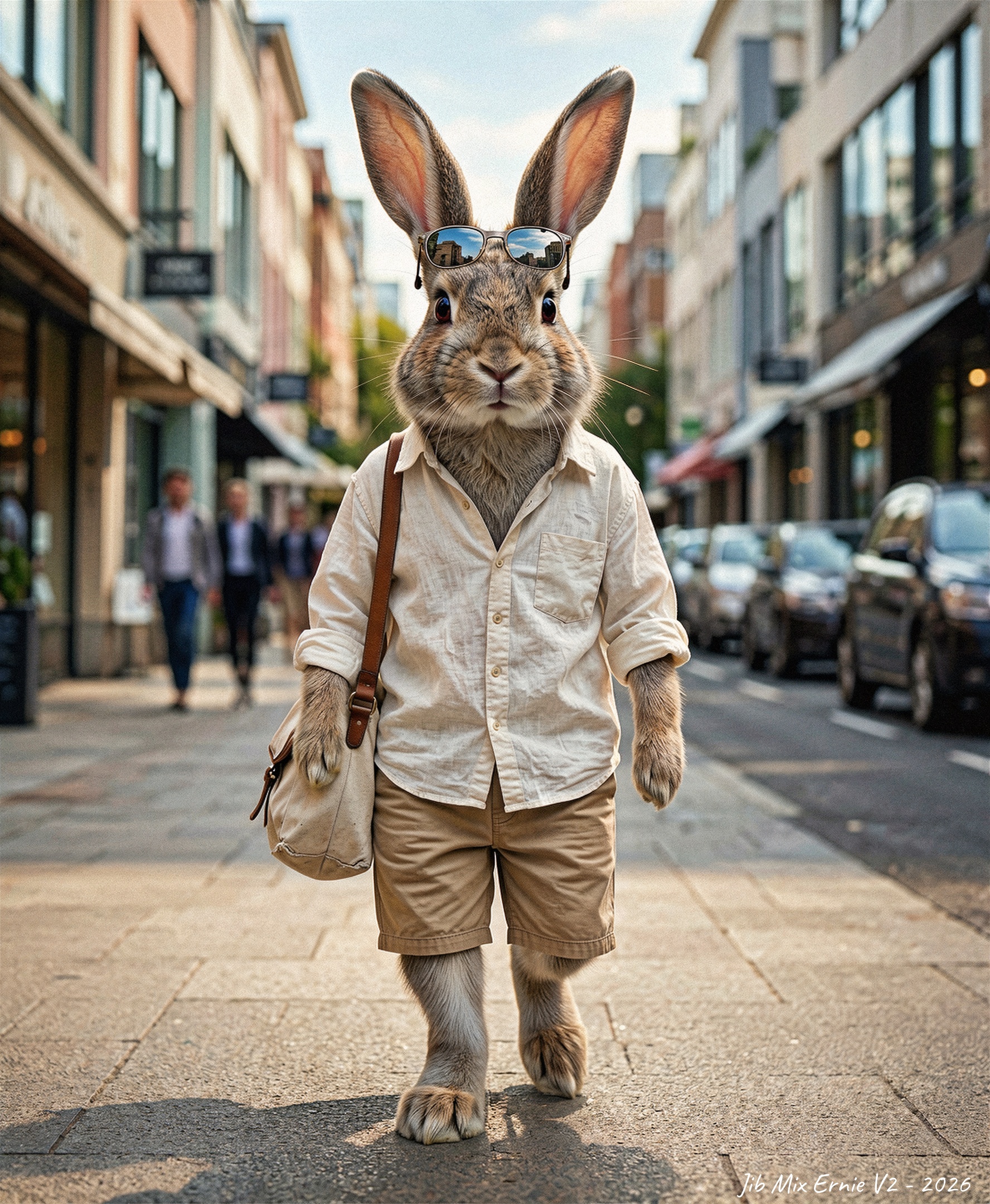 A full-body,  ultra-realistic anthropomorphic rabbit walking confidently down a modern pedestrian street in daylight,  cap...