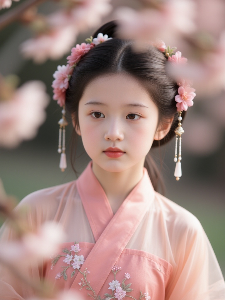 wm, A delicate girl with soft curls, wearing a pastel pink qipao, surrounded by cherry blossom trees in full bloom.<lora:S-T-唯美古风_S1.5:1>