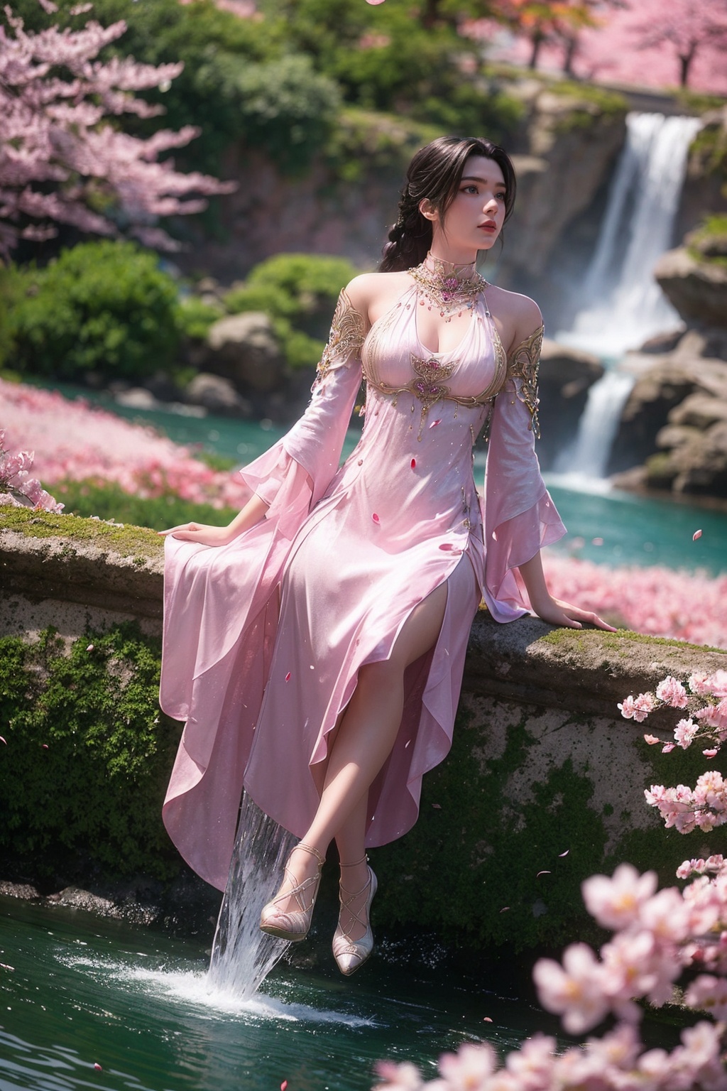 <lora:monvsd1.5:0.7>,monv,full body,sitting on branch,(arms at sides),foreshortening,1girl,solo,jewelry,necklace,clothing cutout,detached sleeves,detached collar,collared dress,(pink high heels:1.3),outdoors,tree,nature,cloud,pink sky,(fantasy),waterfall,water,((falling petals:1.3)),((light particles)),((pink flower,cherry blossoms)),blurry background,