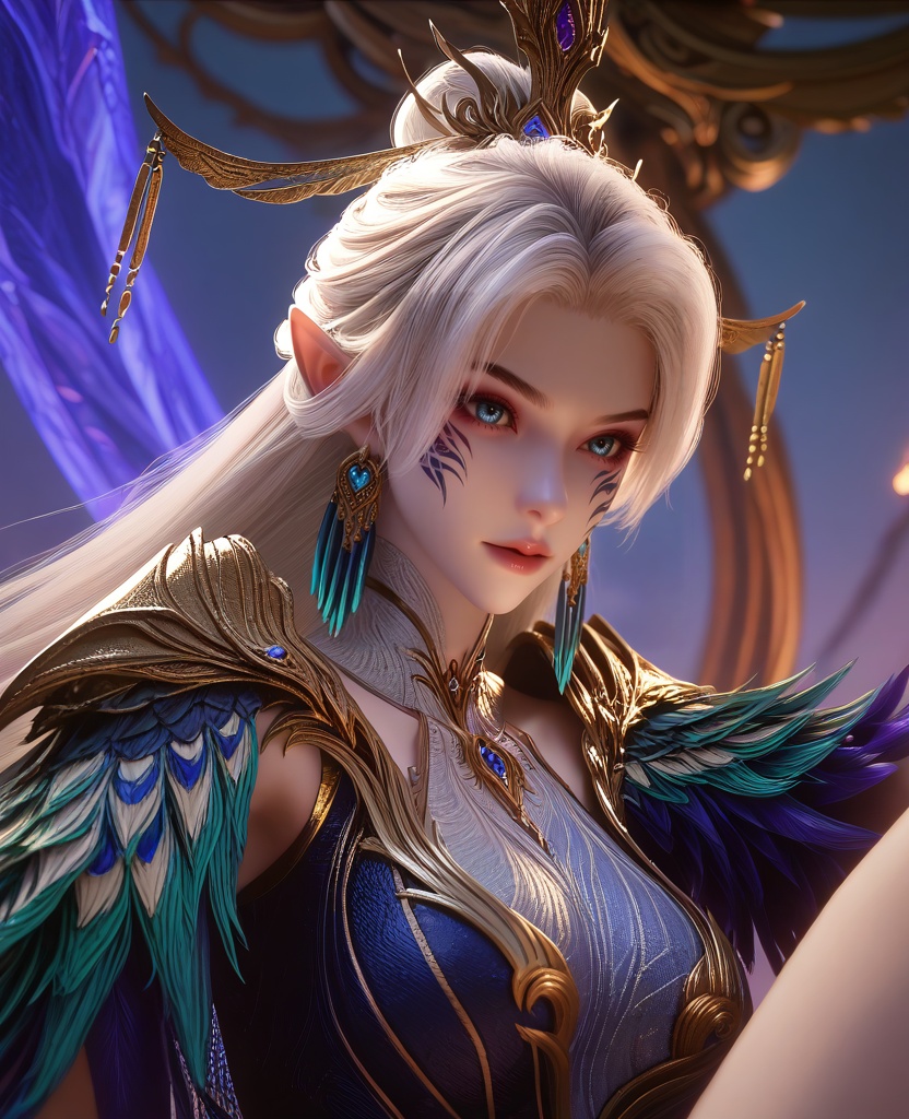 (on side:1.1),looking at viewer,(large breasts:1.2),<lora:XL16云深不知梦燕倾霏穹冥本体:0.95>,miss yanqingfei,atropurpureus gown,heterochromia eyes with blue and red,facial mark,white hair,very long hair,hair ornament,hair bun,earrings,jewelry,pointy ears,, score_9,score_8_up,score_7_up,score_6_up,score_5_up,score_4_up,3d rendering,tag1,tag2, Cinematic Lighting,backlighting,