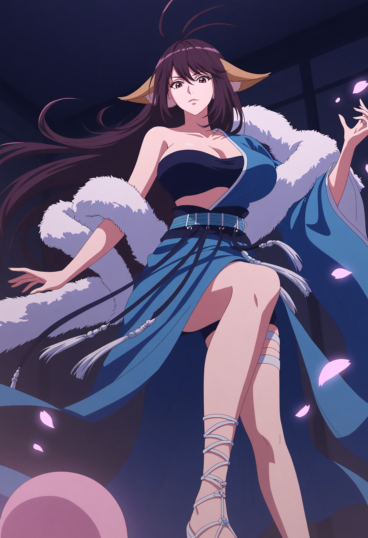 (upper_body:1.1),(gigantic breasts:0.8),(slender:1.3),(looking_at_viewer:1.1),(masterpiece:1.1),(best quality:1.2),(intricate details),(smog:1.3),(Dark room:1.3),(dim lighting:1.3),peach blossom,falling petals,dynamic light,full colors,<lora:YQ_Illustrious光辉二次元国漫V1_tushanyaya_lanyi_V1:0.8>,1girl,q1528437228,solo,long hair,animal ears,black hair,purple hair,dress,fur trim,red eyes,purple eyes,brown hair,ahoge,blue dress,thigh strap,antenna hair,black eyes,fox ears,very long hair,high heels,sandals,brown eyes,long sleeves,asymmetrical clothes,belt,jewelry,sash,earrings,off shoulder,tube top,wide sleeves,bra,white footwear,shorts,strappy heels,dog ears,bandaged leg,gladiator sandals,masterpiece,(best quality),(intricate details:0.9) BREAK (intricate details:0.9),(realistic skin:1.2),masterpiece,best quality,newest,absurdres,hiahres,