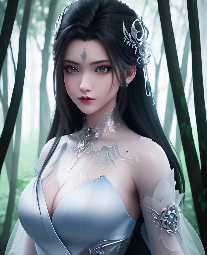 <lora:706-DA-诛仙-陆雪琪-新装束:0.8>(,1girl, ,best quality, ),looking at viewer,  ,ultra detailed background,ultra detailed background,ultra realistic 8k cg,(masterpiece:1.2),(best quality:1.2),(ultra detailed:1.2),(official art:1.3),(beauty and aesthetics:0.8),detailed,(intricate:0.8),(highly detailed),(solo),delicate countenance,1girl,fancy,(glassy texture:1.2),(crush:1.2),8k,accessory,tattoo,(transparent:1.1),gown,energy encirclement,instant,in the twinkling of an eye,upper body,woman in a mythical forest, masterpiece, perfect face, intricate details, horror theme, raw photo, photo unp(cleavage),,