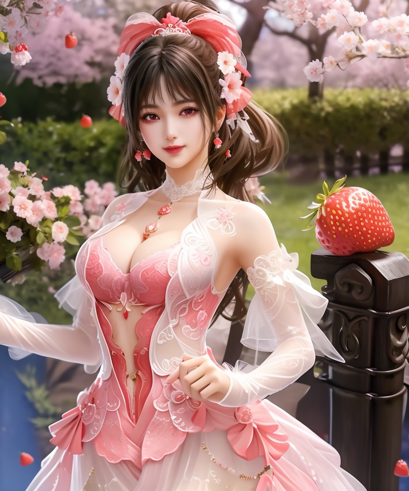 (,1girl, ,best quality, ),looking at viewer, <lora:454-DA-永劫无间-斗罗大陆-小舞:0.8> ,, ,masterpiece, (( , )),ultra realistic 8k cg, ,    ,cleavage,strawberry blossoms,lace , (cleavage), (),