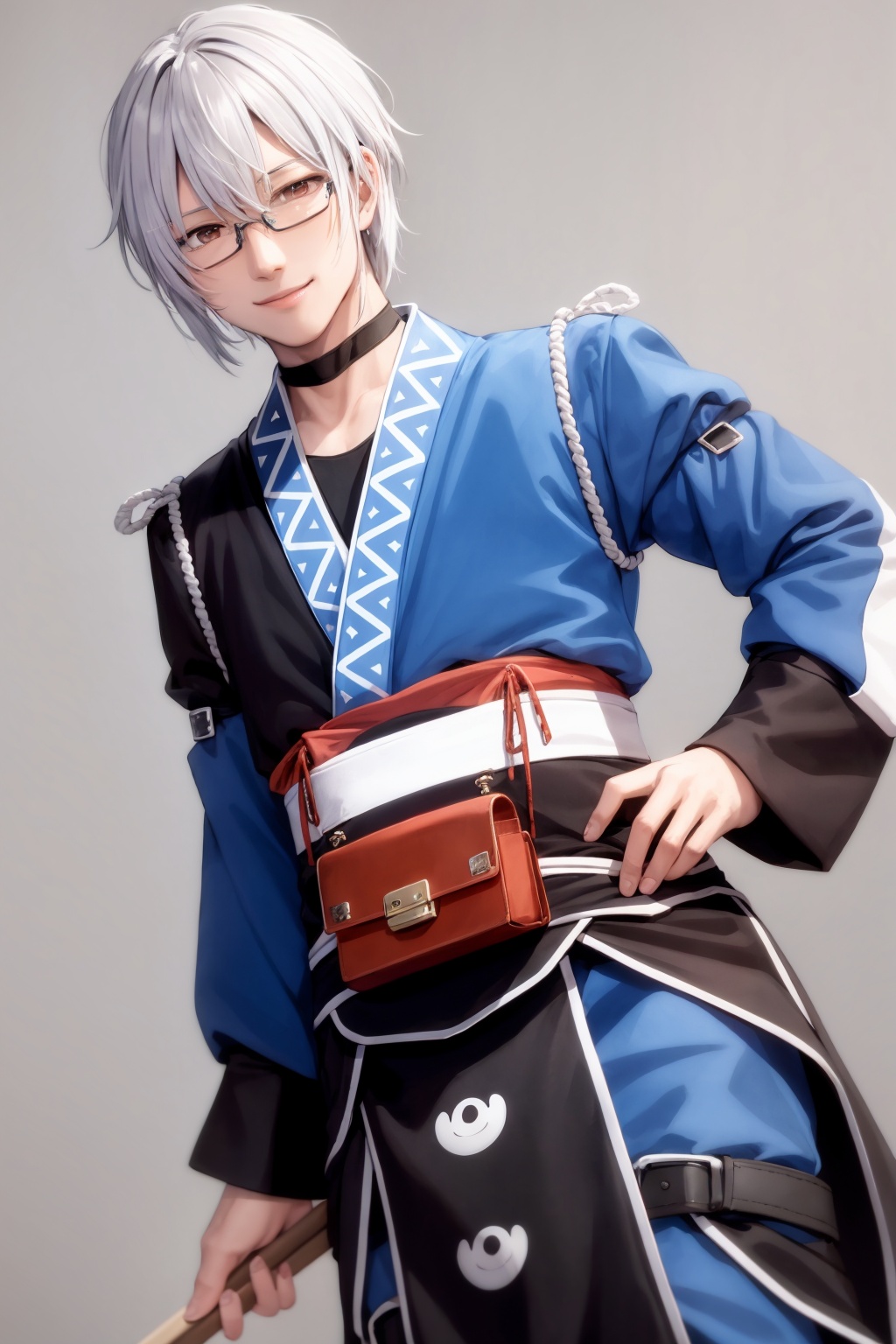 masterpiece, best quality,<lora:MorichikaRinnosuke:1>morichika rinnosuke, 1boy, solo, male focus, white hair,short hair,yellow eyes,glasses,choker, japanese clothes, long sleeves, pants,pouch,grey background, cowboy shot, hand on hip, smile,