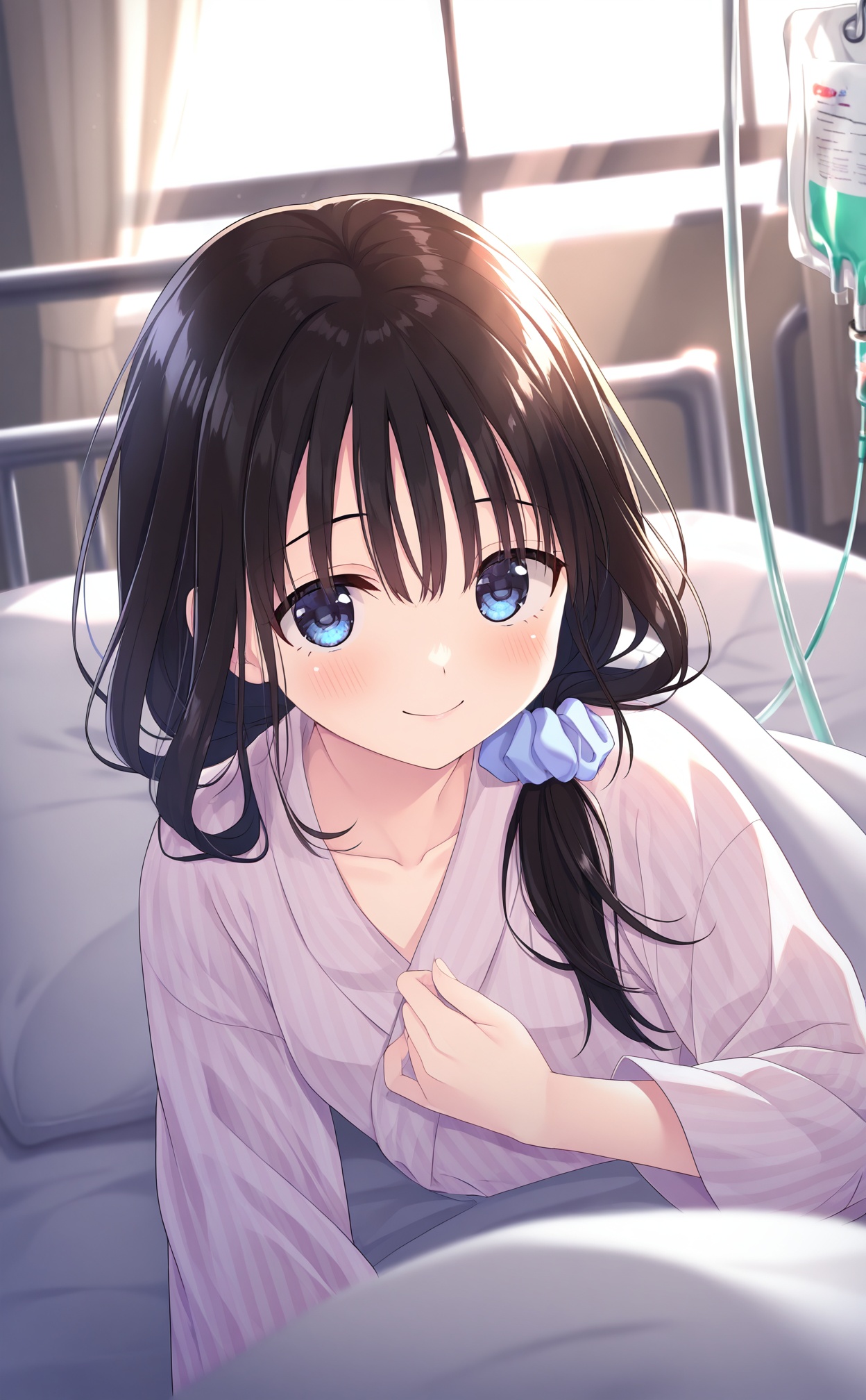 masterpiece,very aware,highres,absurdres,newest,best quality,high quality,loli,petite,chromatic_aberration,//,1girl, blue_eyes, smile, solo, black_hair, long_hair, indoors, looking_at_viewer, bed, hand_on_own_chest, hospital_bed, scrunchie, closed_mouth, blue_scrunchie, collarbone, hospital, hair_ornament, hair_over_shoulder, sitting, blush, intravenous_drip, pillow, hair_scrunchie, dutch_angle, under_covers, on_bed, blurry_background, blurry, curtains, long_sleeves, breasts, blanket, day, air_conditioner, sunlight, vertical-striped_clothes, low_ponytail, bed_sheet, upper_body, window, striped_clothes, japanese_clothes//,<lora:kz——【noob】hans-000002:0.8>,