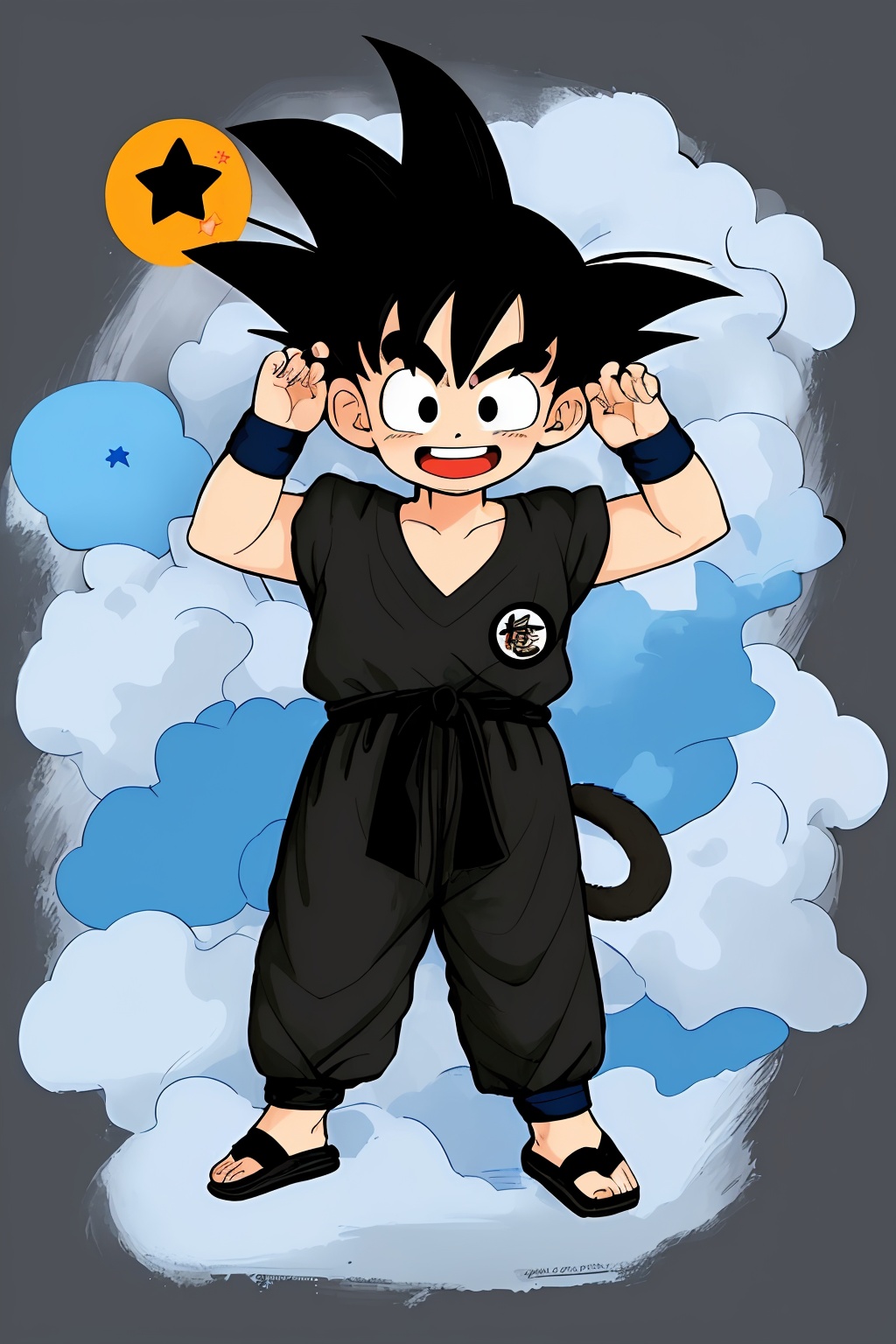 1 boy,:d,black eyes,black hair,clenched hands,cloud,cloudy sky,dougi,fingernails,happy,male focus,open mouth,sky,smile,solo,son goku,spiked hair,star \(symbol\),starfish,tail,teeth,v-shaped eyebrows,wristband，<lora:蔚蓝Blue小悟空2.0:0.8>