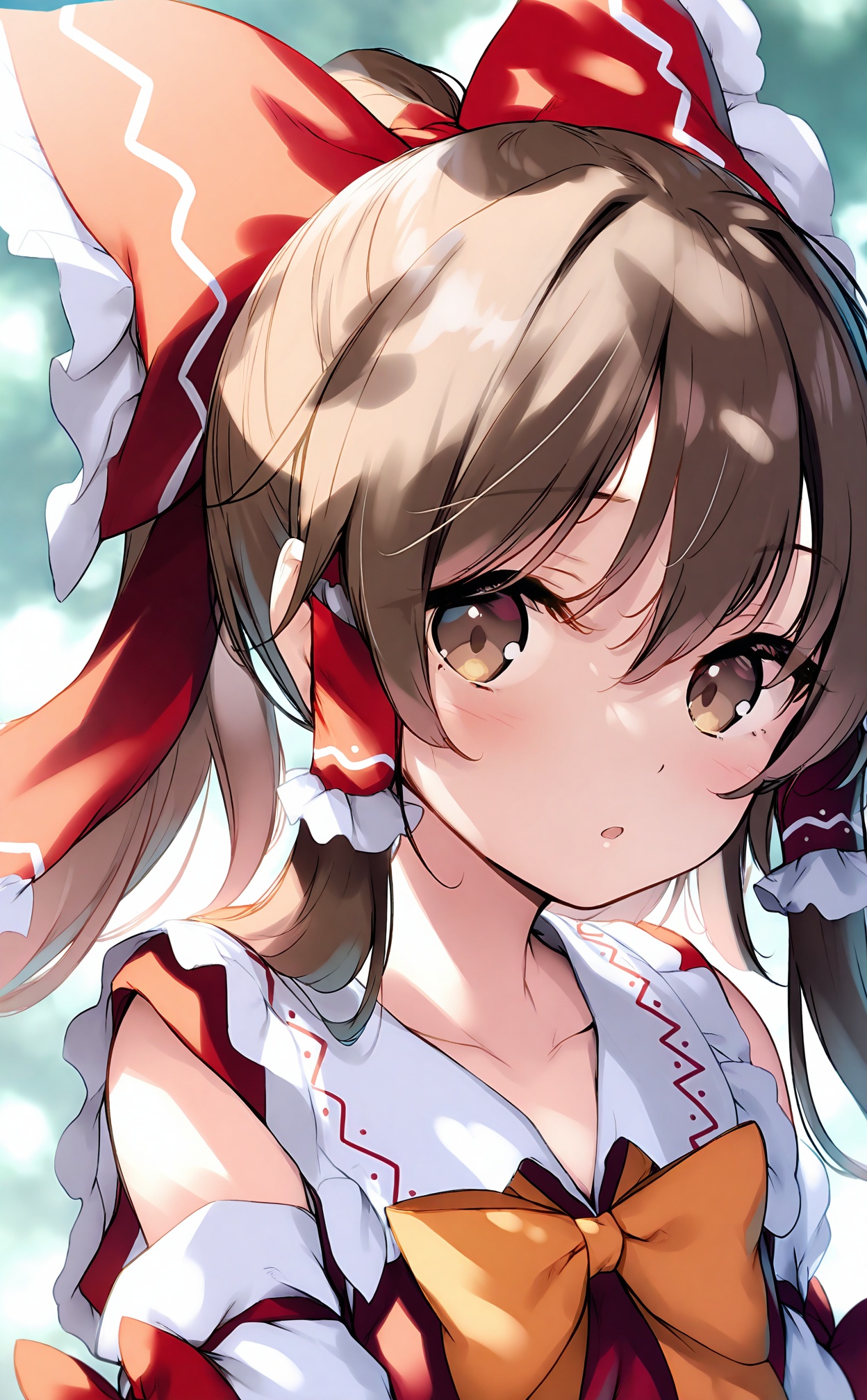 masterpiece,highres,absurdres,newest,best quality,loli,petite,high quality,chromatic_aberration,aqua theme,//,1girl, bow, solo, hakurei_reimu, hair_tubes, hair_bow, bowtie, brown_hair, red_bow, yellow_bowtie, long_hair, looking_at_viewer, collarbone, brown_eyes, yellow_bow, frills, orange_bowtie, sidelocks, frilled_bow, frilled_shirt_collar, orange_bow, bare_shoulders, upper_body, parted_lips, hair_between_eyes, :o, detached_sleeves, blush, blurry, portrait, blurry_background, open_mouth, frilled_hair_tubes, dress, sleeveless, red_dress, ponytail, collared_dress//,<lora:keta——【noob】hans:1>,