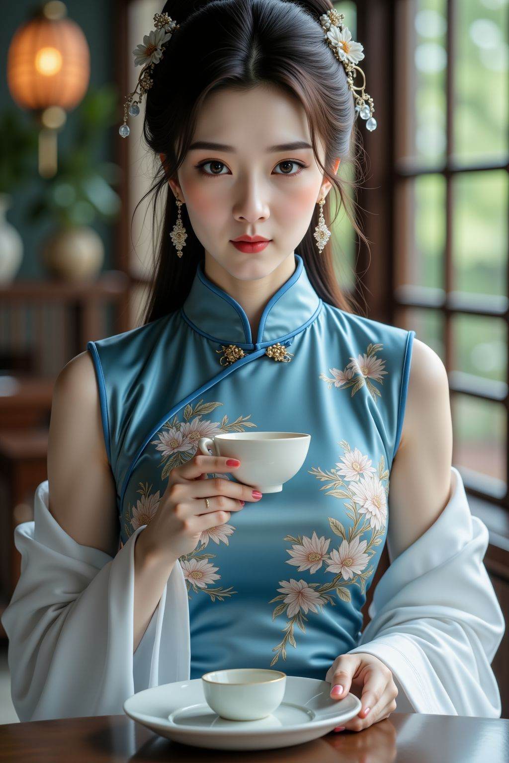 The top tall and sexy goddess has slender willow-leaf eyebrows, peach blossom eyes, plump and thick eyebrows. The eyes and eyes convey emotions, which are very charming. She was wearing a blue gorgeous sexy silk cheongsam, with a grand hairstyle. Her skin was as fair as jade, her facial features were delicate and three-dimensional, high-end and atmospheric. Her eyes were lively, as if she could attract people's hearts. She sat in a top luxury teahouse to drink tea. She was dignified and elegant. She sat in an elegant posture. The light and shadow effect created a dreamy atmosphere, ultra-high-definition details, extremely realistic, 4K ultra-clear. The clothes were loose and many scenes. Multiple hairstyles. There were multiple postures. The work of the master of the close-up shot.