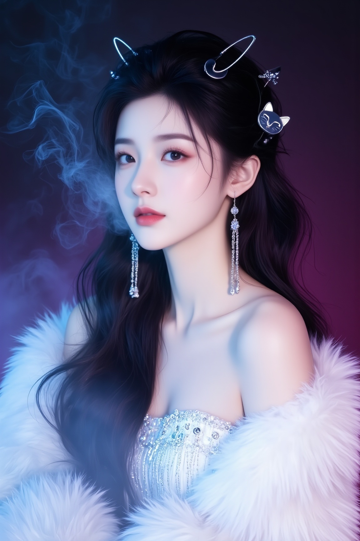 <lora:YY-拽姐F.1:1>,a young woman with East Asian features, portrayed in a surreal, dreamlike style. She has long, dark hair cascading over her shoulders, with a playful, whimsical silver moon crescent and a small cat's head accessory adorning her left side. Her eyes are almond-shaped and expressive, with a soft, ethereal glow, and her lips are full and slightly parted, as if she is about to speak. She is dressed in a luxurious, off-the-shoulder white fur coat that adds a touch of opulence to her look. The coat's texture is soft and fluffy, contrasting with the sleek, shiny texture of her dress, which is adorned with delicate, sparkling beads. She is surrounded by a hazy, ethereal mist, adding a mystical, otherworldly quality to the scene. The background is a gradient of deep purples and blues, creating a moody, almost nightmarish atmosphere. The overall composition is a blend of elegance and surrealism, with the woman's delicate features and ethereal surroundings enhancing the dreamlike quality of the artwork.