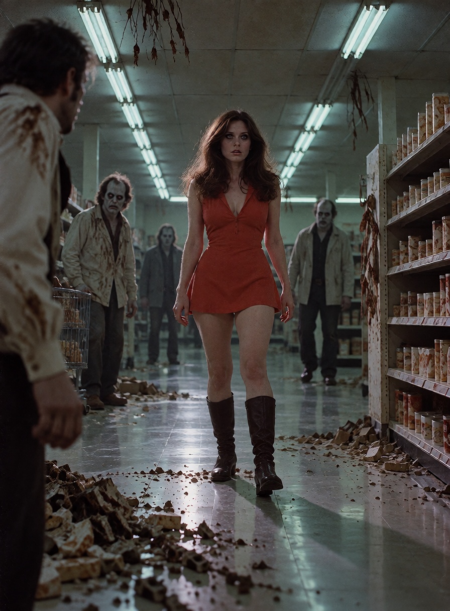 A beautiful ***** brunette in a bright red 1970s minidress stands frozen in an abandoned supermarket at midnight,  surroun...