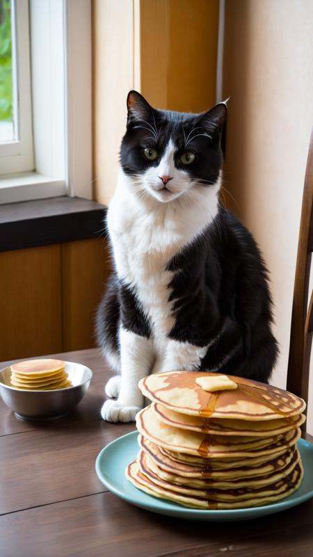 A cat sits on a wooden chair and looks at a stack of blini pancakes with disgust by 乐乐乐 on Tensor.Art