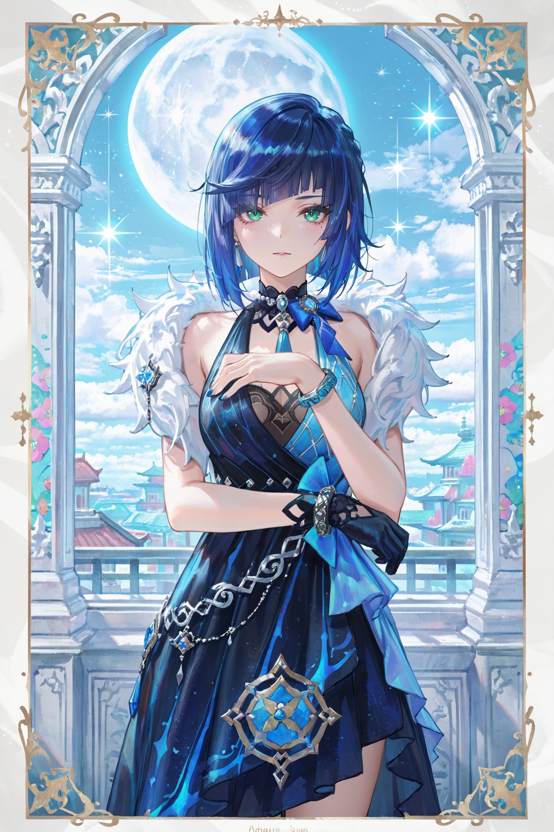 8k,masterpiece,best quality,amazing quality,very aesthetic,absurdres,(ultra-detailed),(high detailed skin),((artist:betabeet)),artist:john_kafka,artist:nixeu,artist:quasarcake,(artist:fuzichoco),(artist:atdan),(artist:torino_aqua),(by xilmo, by modare, by reoen:1.1),(hyperrealistic:1.1),(high_contrast:1.1),(holy_(\theme\):1.2),(card_\(theme\):1.1),solo,(white-color-scheme:1.1),character card,abstract sun,moon and stars,solo,<lora:yela_new-ill-Tanger:0.8>,yelan \(genshin impact\),clothes: yelanew blue-and-black dress,yelanew alternate costume,1girl,yelanew single glove,jewelry,bracelet,blue hair,bangs,green eyes,sleeveless,fur trim,<lora:neg101-000008:0.4>,murals,holy light,mural sun,simple white background,angels come,clouds,card border,frame pattern,facial light,
