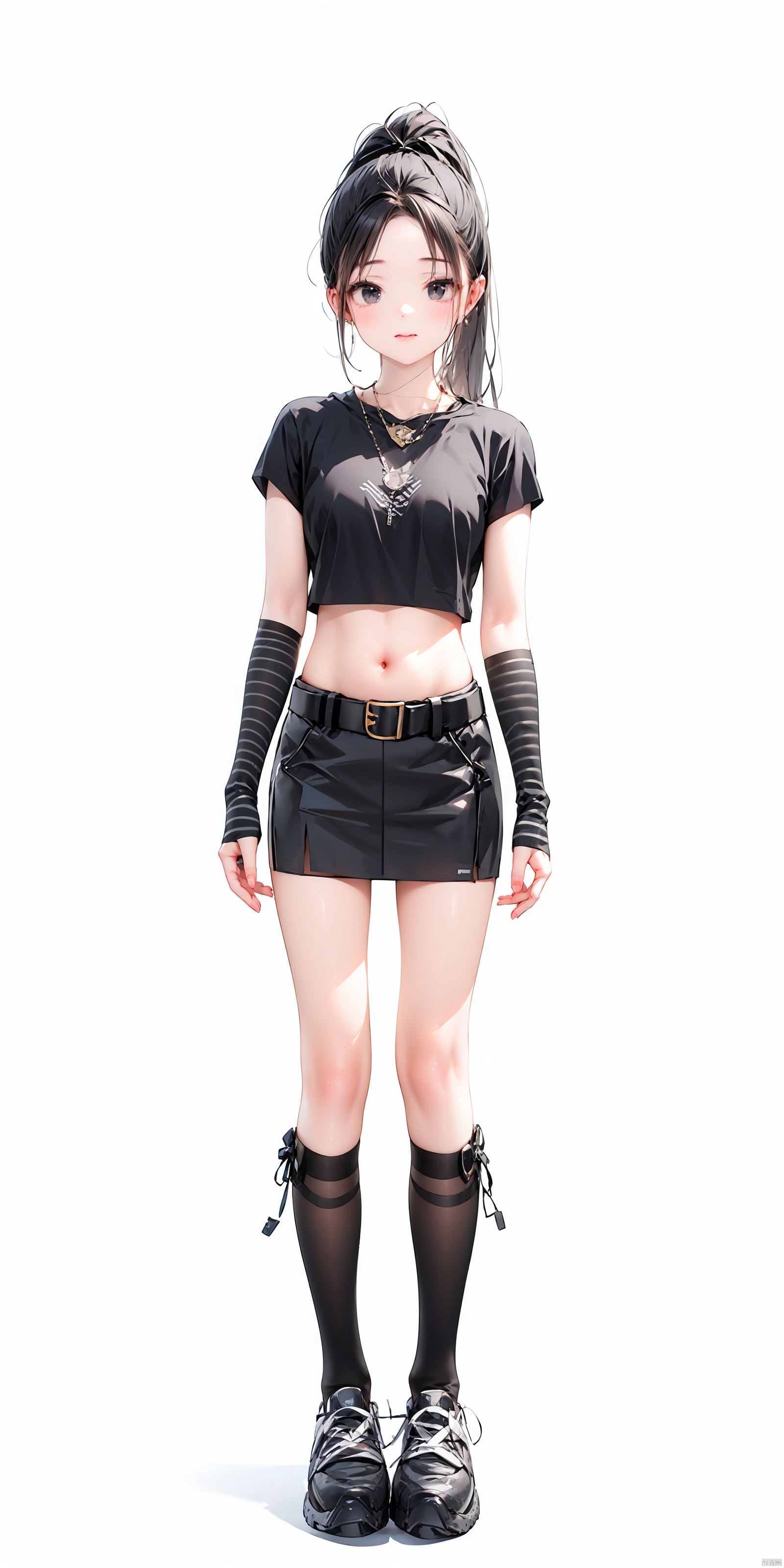 —— ——1girl, solo, long hair, looking at viewer, skirt, black hair, shirt, white background, navel, Black eyes, jewelry, standing, full body, ponytail, shoes, socks, midriff, belt, miniskirt, necklace, bag, black footwear, crop top, kneehighs, black shirt, black socks, t-shirt, sneakers, black belt, arm warmers, fashion——Slender waist ————Standing posture ——Frontal photo ——Look at the audience. —— ——<lora:EMS-93-EMS:0.800000>, <lora:EMS-254762-EMS:0.300000>, <lora:EMS-27162-EMS:0.200000>, <lora:EMS-428638-EMS:0.800000>