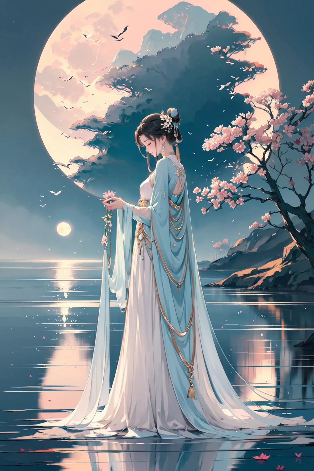 -Hanama wine, 1girl, moon, long hair, solo, black hair, dress, branch, hair bun, flower, reflection, chinese clothes, hair ornament, jewelry, bird, earrings, full moon, water, white dress, holding flower, holding, long sleeves, closed eyes, single hair bun, ripples, sky, looking down, full body,anime,<lora:Hanama wine V2-000018:0.8>,