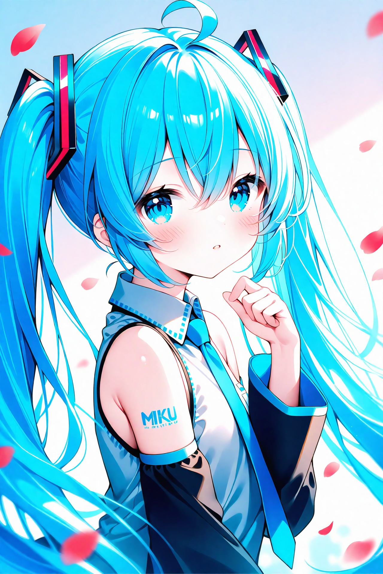 (masterpiece),(best quality),loli,1girl,solo,twintails,long hair,hatsune miku,detached sleeves,shirt,necktie,bangs,looking at viewer,sleeveless,sleeveless shirt,upper body,hair between eyes,blue eyes,blush,petals,very long hair,collared shirt,long sleeves,blue hair,bare shoulders,hair ornament,parted lips,black sleeves,blurry,looking to the side,wide sleeves,hand up,ahoge,from side,blurry background,tattoo,grey shirt,white shirt,blue necktie,