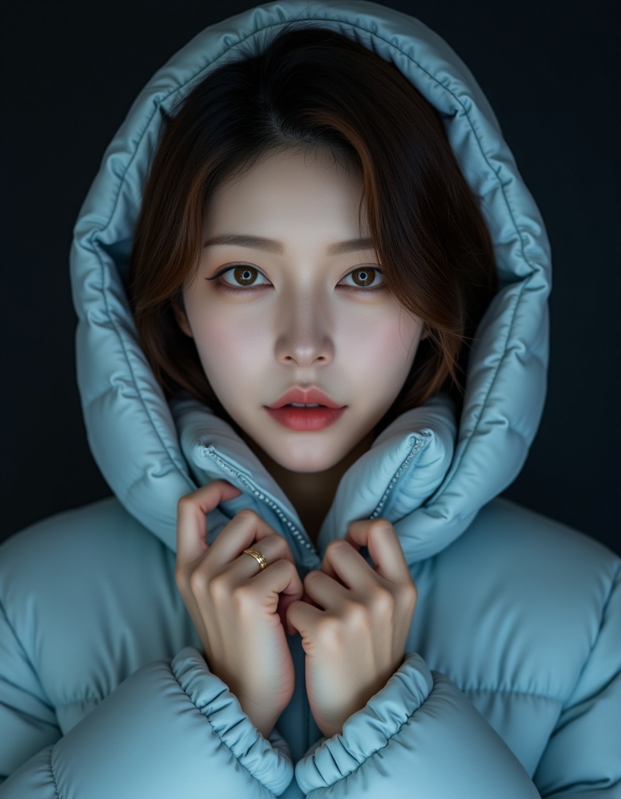 This is a photograph of a young Asian woman with fair skin, dark brown hair, and expressive eyes. She wears a light blue, puffy winter coat with a hood that she holds up with her left hand, revealing a gold ring on her ring finger. The background is dark, emphasizing her face and the texture of the coat. The image captures a sense of mystery and calm.