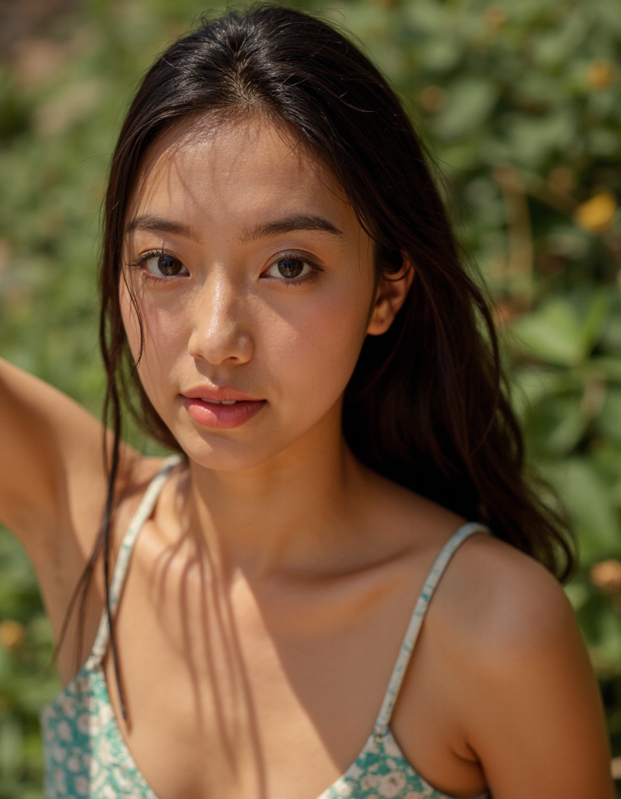 This is a  beautiful photograph of a woman,bright glistening skin,realistic skin,skin pores,upper body,dress,outdoors,