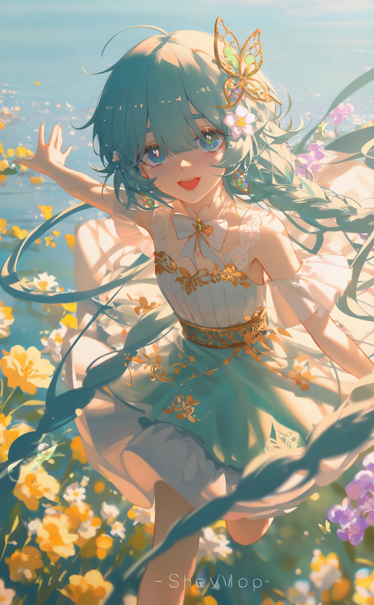 masterpiece,very aware,highres,absurdres,newest,best quality,loli,petite,high quality,chromatic_aberration,//,illustration,ultra detailed,hdr,Depth of field,(colorful),loli,[Artist:wlop],[[Artist:sheya]],Artist:ask \(askzy\),1girl,flower,solo,long hair,open mouth,water,dress,tears,yellow flower,crying,blue eyes,multicolored hair,smile,looking at viewer,ahoge,white dress,crying with eyes open,sleeveless,outdoors,aqua hair,hair ornament,blue hair,sleeveless dress,white flower,:d,frillswing sleeves,golden embroidery,green butterfly,braided hair,silver hair,orchid,blue-green dress,lace details,green eyes,hair vine,bow,silver nails,waist sash,bowtie,arm extended,sparkling nail polish,white lace,medium build,hair draping over eyes,spiral hair ornament,white bow,dress with cutouts,layered skirt,very long hair,purple orchid,sleeveless,fairy,:D,//,<lora:konya_karasue——【noob】hans:0.8>,