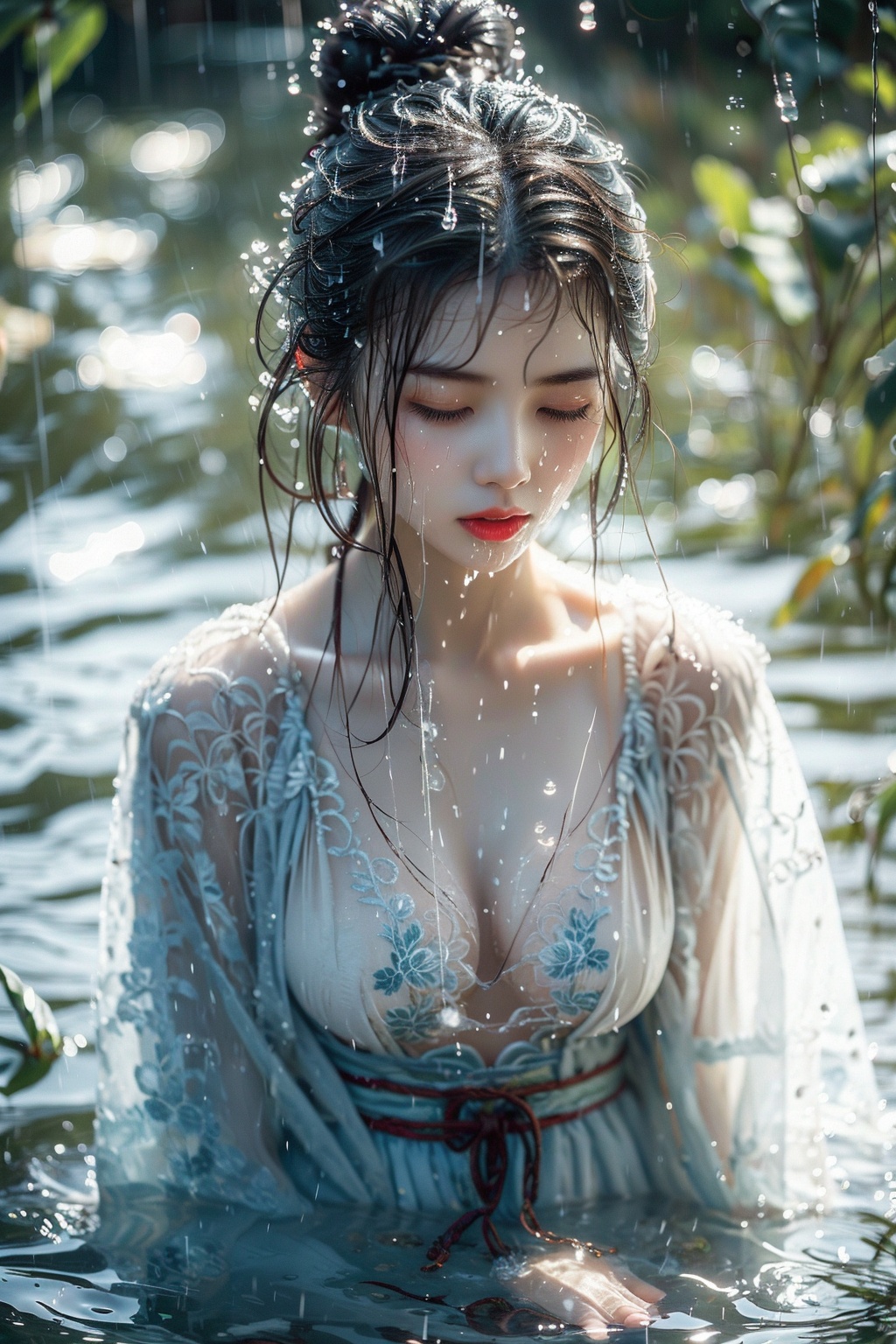 1girl, solo, closed eyes, black hair, wet, water, hair ornament, long hair, chinese clothes, wet clothes, upper body, closed mouth, breasts, blurry, hair bun, lips, hanfu, red lips, rain, wet hair, partially submerged, blurry background, realistic, collarbone, cleavage, single hair bun<lora:HTTP_20240115220048-000006:1>