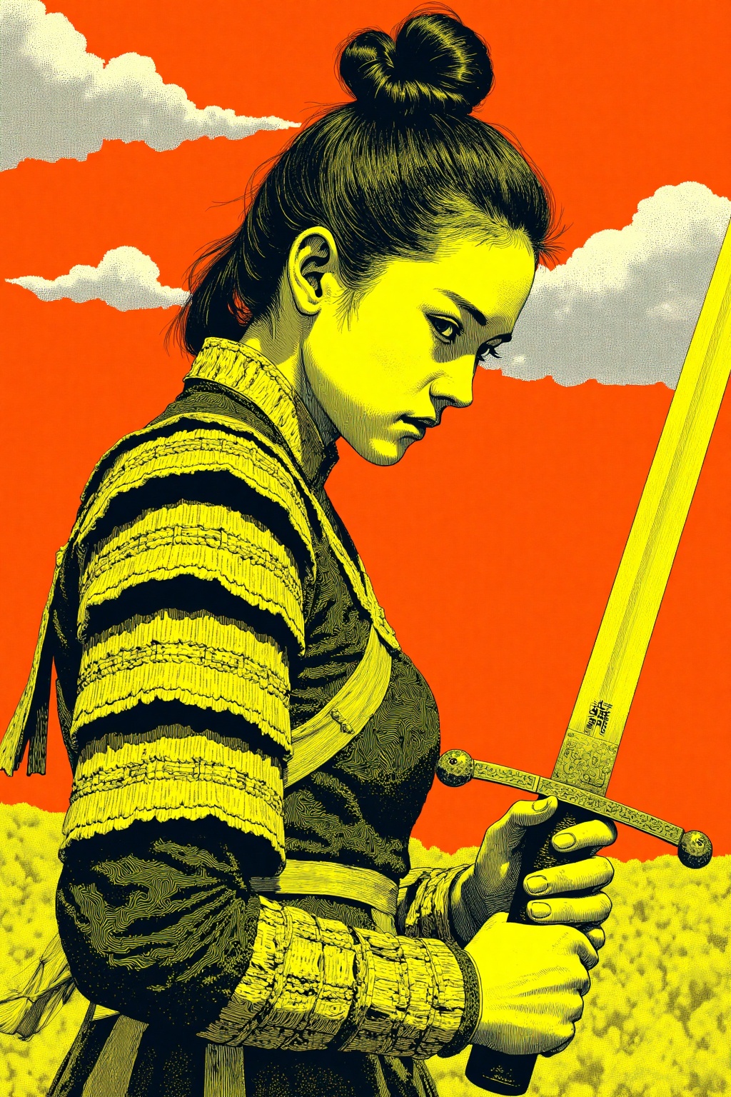 beijihui,Captured in a digital art, a woman in a black and yellow outfit is holding a sword in her right hand. Her left hand is resting on her hip. Her right hand is holding the sword with her left hand. The woman's head is tilted slightly to the right. Her hair is tied up in a bun. The background is a vibrant orange and yellow, with a few wispy white clouds in the distance.