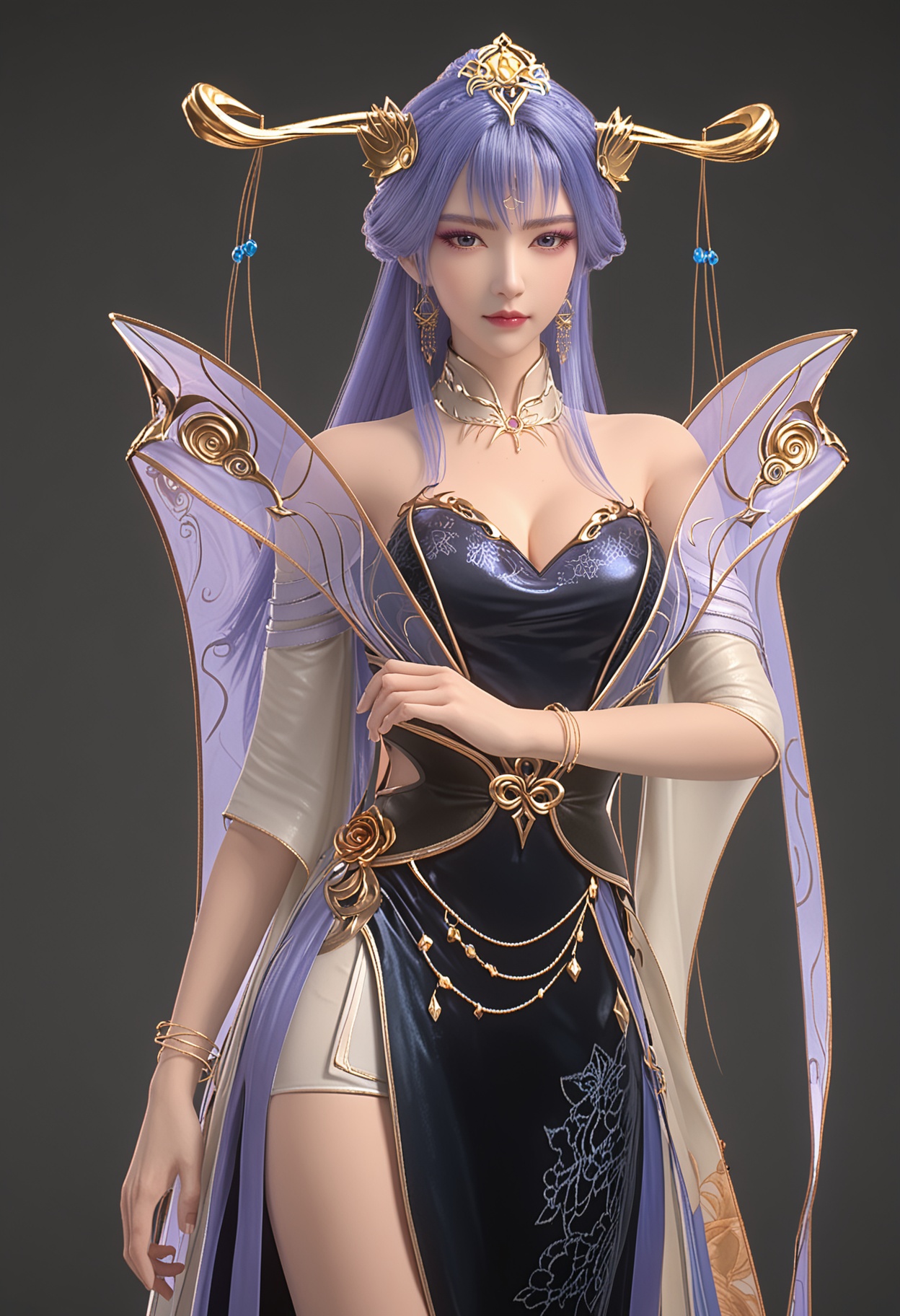 perfect_anatomy,(score_9:1.1),(looking_at_viewer:1.1),(cowboy shot:1.2),<lora:YQ_pony_tianqiong_V7:0.8>,(boots:1.2),1girl,solo,long hair,jewelry,hair ornament,earrings,dress,blue hair,purple hair,realistic,blue eyes,bare shoulders,bracelet,purple eyes,blue dress,makeup,necklace,cleavage,detached collar,chinese clothes,black dress,shawl,braid,detached sleeves,eyeshadow,hagoromo,hair stick,hair bun,hair rings,forehead mark,facial mark,crescent,sash,perfect_anatomy BREAK (perfect_anatomy:1.1),(simple background,pure black background,black background:1.1),fair_skin,white_skin,shiny_skin,pale skin,Ivory_skin,(cinematic lighting),