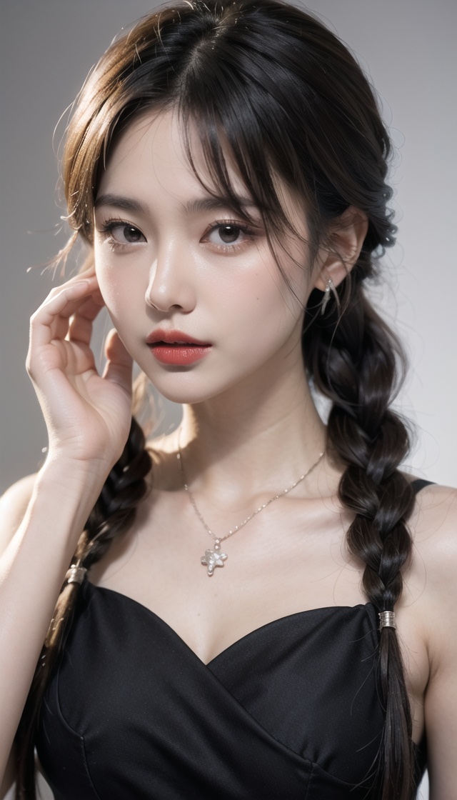 1girl,jewelry,solo,earrings,braid,necklace,twin braids,long hair,looking at viewer,brown hair,full_shot,realistic,parted lips,lips,black hair,hand lift chest,simple background,red lips,gown,, (best quality:1.2),photo-referenced,(extremely_detailed_CG_unity_8k_wallpaper, absurdres:1.1),realistic,beautiful detailed lighting,(coils:1.2),(highly_detailed:1.1),