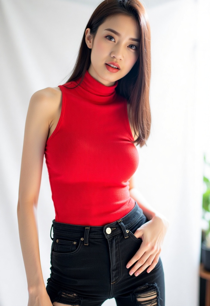 photorealistic portrait of Nong_Ming,  a ravishing young woman poised in a photoshoot studio,  her elegance captured in a...