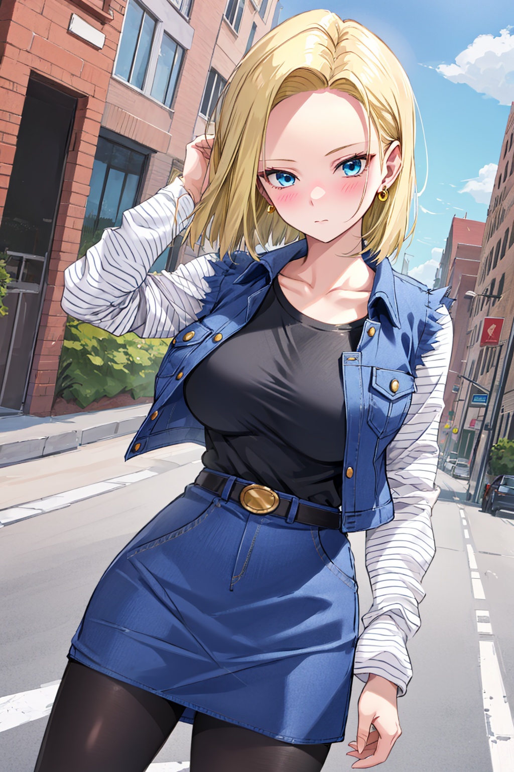 1girl,android 18,breasts,skirt,solo,outdoors,blonde hair,denim,blue eyes,large breasts,pantyhose,looking at viewer,long sleeves,jewelry,shirt,day,earrings,denim skirt,blush,collarbone,short hair,black shirt,road,street,denim jacket,striped shirt,black pantyhose,striped,bangs,closed mouth,parted bangs,open clothes,cowboy shot,forehead,blue skirt,jacket,standing,high-waist skirt,vest,dutch angle,striped sleeves,taut clothes,building,shirt tucked in,taut shirt,<lora:android18-lora-nochekaiser:1>,<lora:android_18_v110:0.6>,