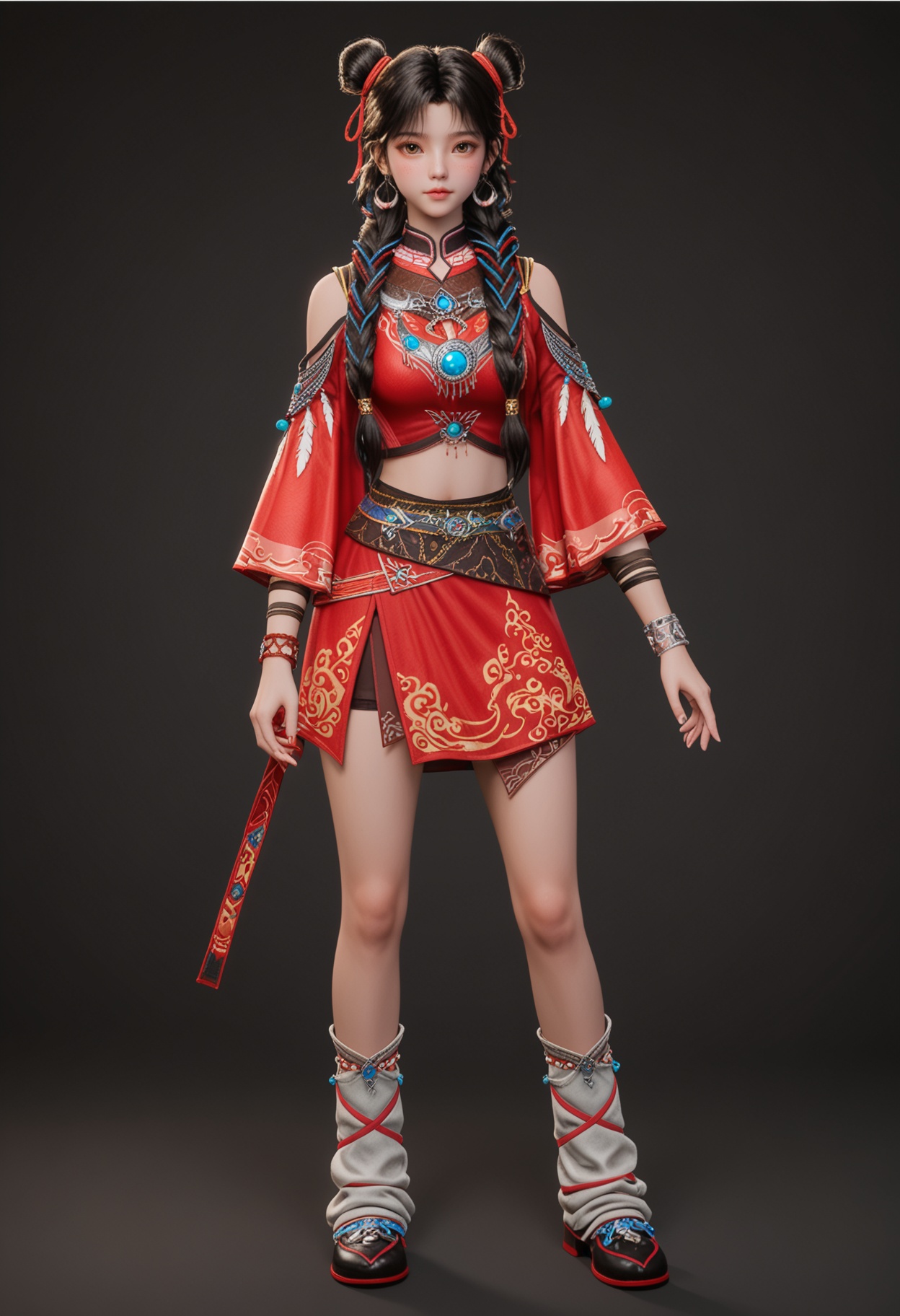 (standing full_body:1.1),score_9,score_8_up,masterpiece,(best quality),intricate details,facing viewer,(looking at viewer:1.1),<lora:YQ_pony_bailuoheng_V4:0.8>,q1528437228,solo,1girl,jewelry,black hair,long hair,earrings,hair bun,braid,ribbon,hair ribbon,twin braids,double bun,brown eyes,chinese clothes,multiple braids,bracelet,crop top,skirt,multicolored hair,feathers,dress,red ribbon,red skirt,single hair bun,red dress,hair over shoulder,leg warmers,socks,shirt,brown hair,red shirt,necklace,freckles,shoes,long sleeves,detached sleeves,hair ornament,china dress,black eyes,multi-tied hair,wide sleeves,ribbon braid,black footwear,BREAKscore_9,score_8_up,masterpiece,(best quality),perfect anatomy,(hourglass),perfect face,(simple background,pure black background,black background:1.1),fair_skin,shiny_skin,Ivory_skin,