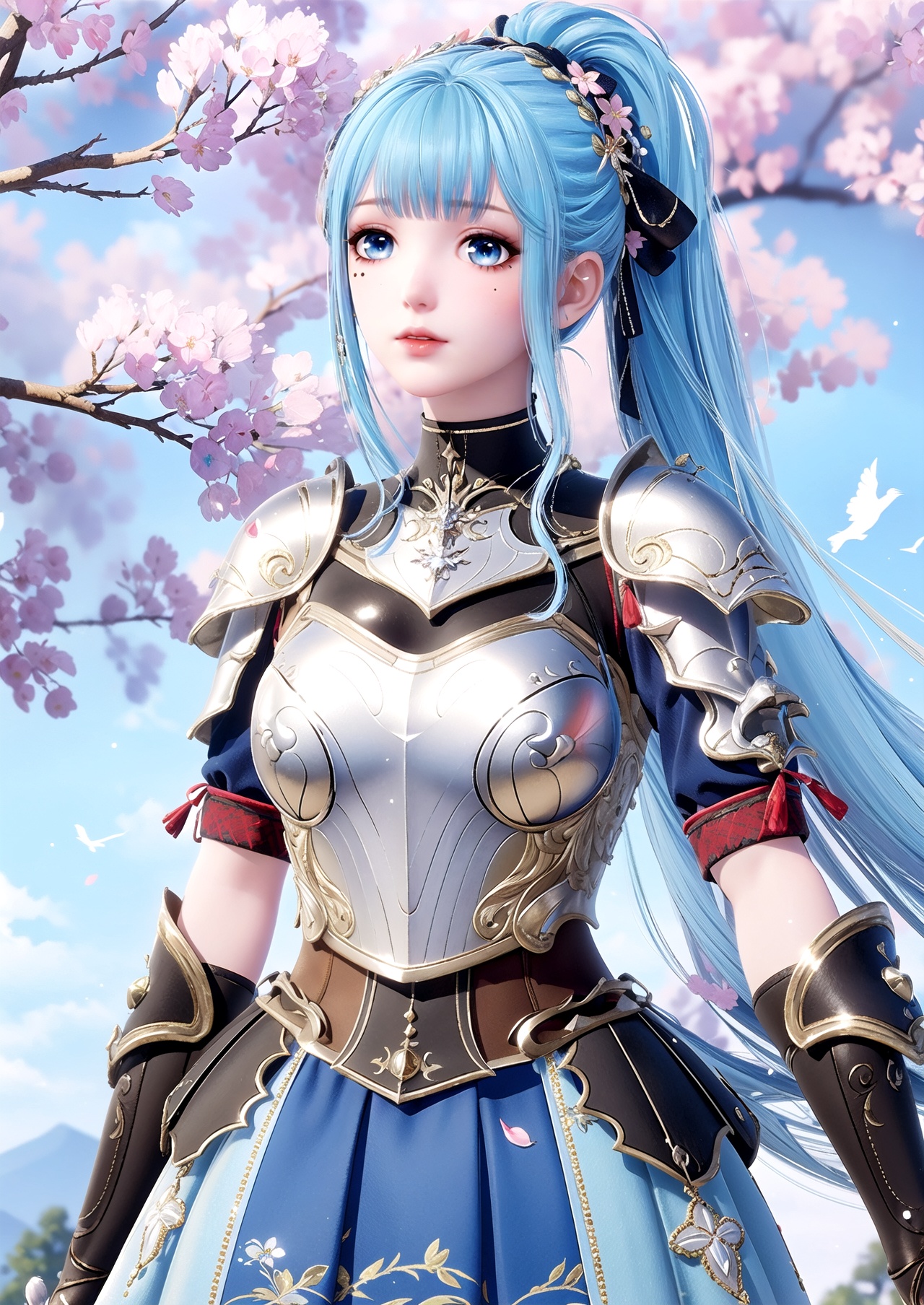 masterpiece,best quality,1girl,Nikki,solo,blunt bangs,long hair,armor,ponytail,blue eyes,blue hair,breastplate,gloves,ribbon,skirt,hair ribbon,light blue hair,sidelocks,mole,hair ornament,cherry blossoms,bird,lips,mole under eye,japanese clothes,arm guards,tress ribbon,armored dress,black gloves,choker,blue skirt,neck tassel,
