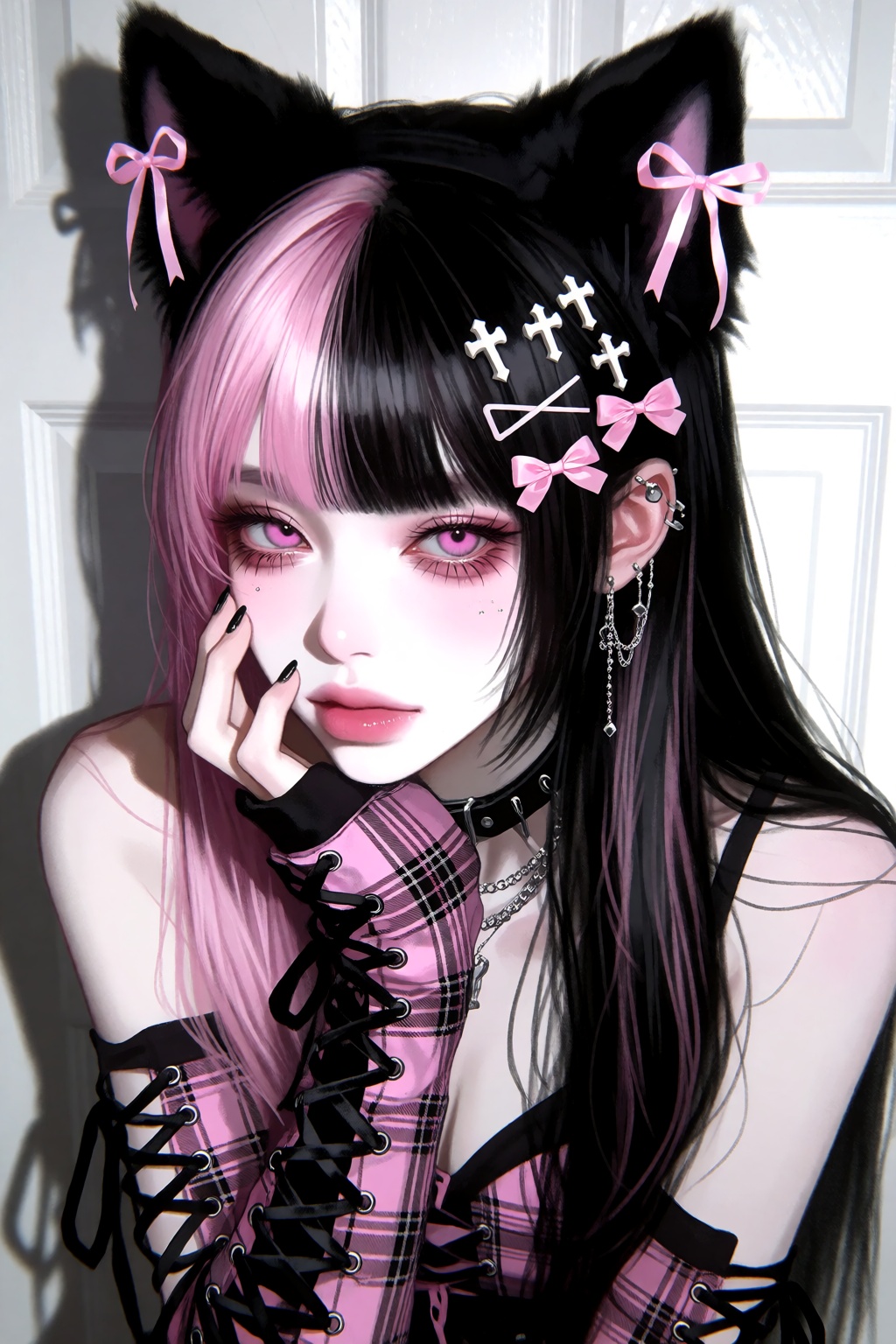 A striking,  close-up portrait of a woman styled in edgy,  pastel-goth alternative fashion. She has very pale skin on Tens...