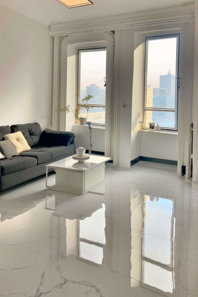 ((HRD, HUD, 8K)),((masterpiece, best quality)), highly detailed, soft light,Parlour, scenery, no humans, window, couch, lamp, chair, plant, table, indoors, cityscape, city, building, reflection, sky, potted plant, curtains, skyscraper, pillow, reflective floor, <lora:20240326-1711424345012:0.9>