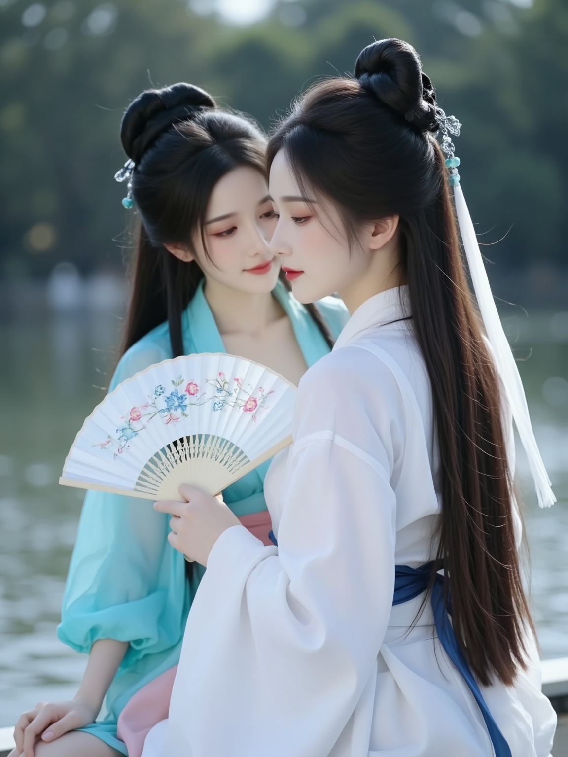 The photograph captures an intimate moment between two East Asian women standing on a boat near a serene lake. Both women have long, straight, dark brown hair styled with intricate braids and adorned with traditional hairpins. The woman on the right is in the foreground, facing the viewer, with her back turned. She has a fair complexion and is dressed in a traditional white robe with delicate, embroidered details, cinched at the waist with a blue sash. She holds a fan with intricate designs, gently fanning herself. Her long, slender fingers and delicate features suggest a refined elegance. The woman on the left, in the background, is slightly behind and to the left of the other, leaning in close to the first woman. She has a slightly darker complexion and is dressed in a turquoise robe with a hint of pink, also with delicate embroidery. Her expression is tender and intimate, as she gazes softly into the eyes of the first woman. The background features blurred trees and a calm lake, creating a tranquil, natural setting. The overall mood of the photograph is serene and romantic, with a touch of nostalgia, capturing the essence of traditional East Asian culture and the timeless beauty of the women.<lora:YY-小青和小白F.1v2:1>,