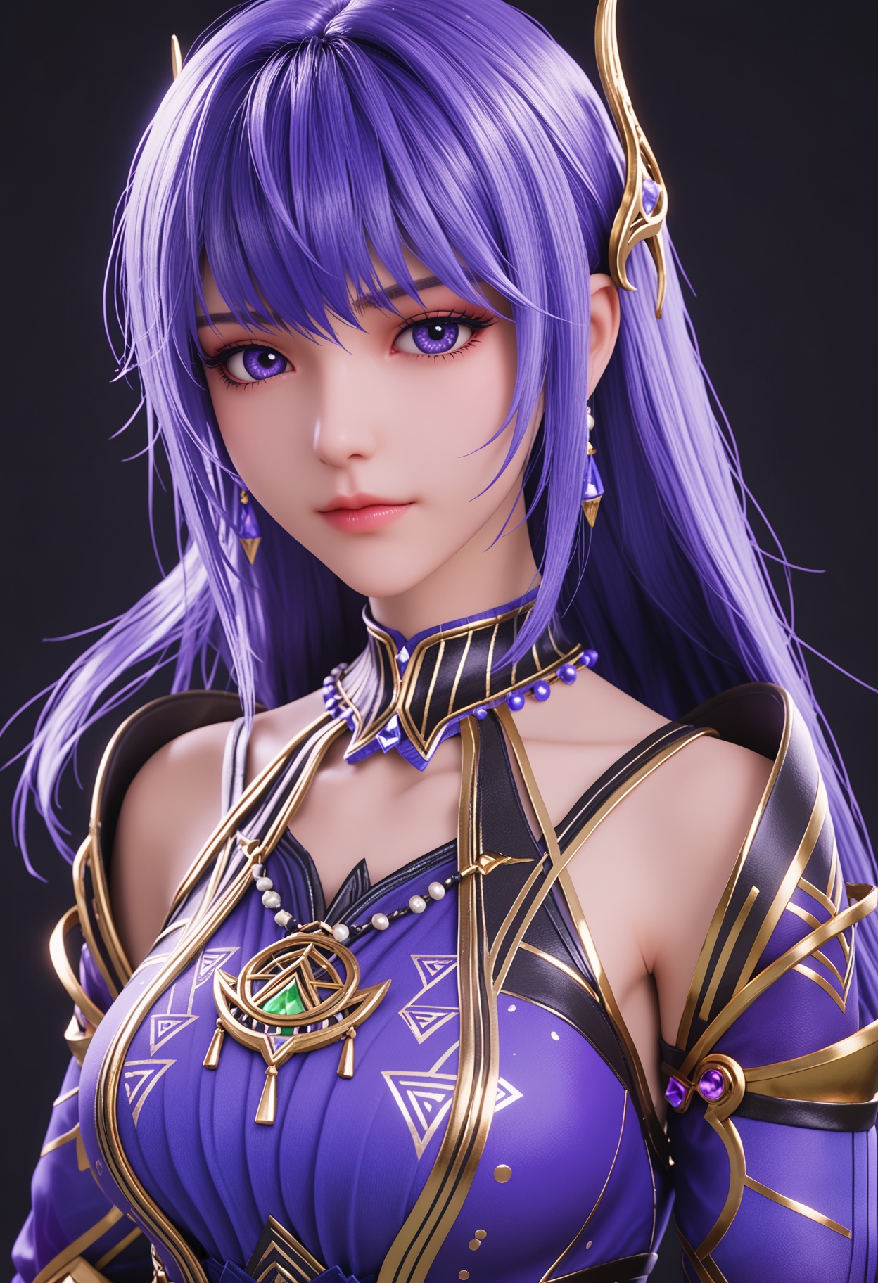 score_9,<lora:SDXLyqcaierV1:0.7>,1girl,solo,purple hair,dress,yqcaier,long hair,purple eyes,hair ornament,bangs,thighhighs,jewelry,earrings,necklace,boots,gold trim,pantyhose,purple dress,BREAK score_9,upper_body,portrait,fair_skin,white_skin,shiny_skin,shiny,Ivory_skin,looking at viewer,cinematic lighting,volumetric lighting,BREAK score_9,(upper_body:1.1),(portrait:1.1),fair_skin,white_skin,shiny_skin,shiny,Ivory_skin,looking at viewer,solo focus,(huge breasts:0.9),(simple background,pure black background,black background:1.1),