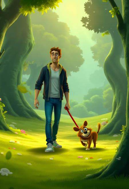 raymanlegends,  a man walking a dog through a park. on Tensor.Art
