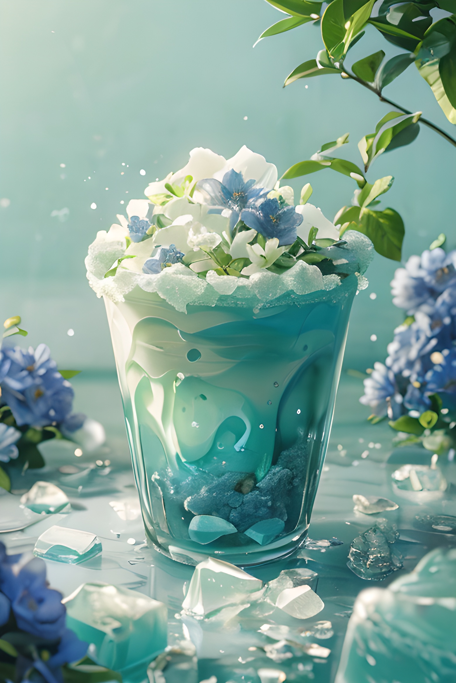 (Masterpiece, High Quality, Superior Quality, Official Art, Beauty  and  Aesthetics): 1.2),( a cup surrounded by Crushed ice blue flowers), milky transparent water, product poster, moss micro-landscape,( Crushed Ice Blue),Gradient Purple, simple, clean light color background, ray tracing, foreground occlusion, natural light, jungle, c4d, oc rendering, product photography ,There are a lot of ice cubes next to the cup<lora:20240228-1709100055188:0.66>