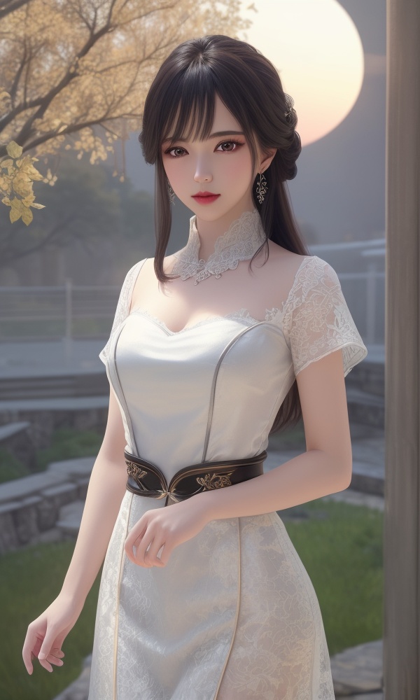 (,1girl, ,best quality, ),looking at viewer, <lora:370-DA-百炼成神-云洛-黑化:0.7>,, ultra detailed background,ultra detailed background,ultra realistic 8k cg,,masterpiece, (( , )), fiction,mole,  ,tamari \(flawless\),    ,see-through, lace, (()),(((, solo, sun, , bare_tree, )))