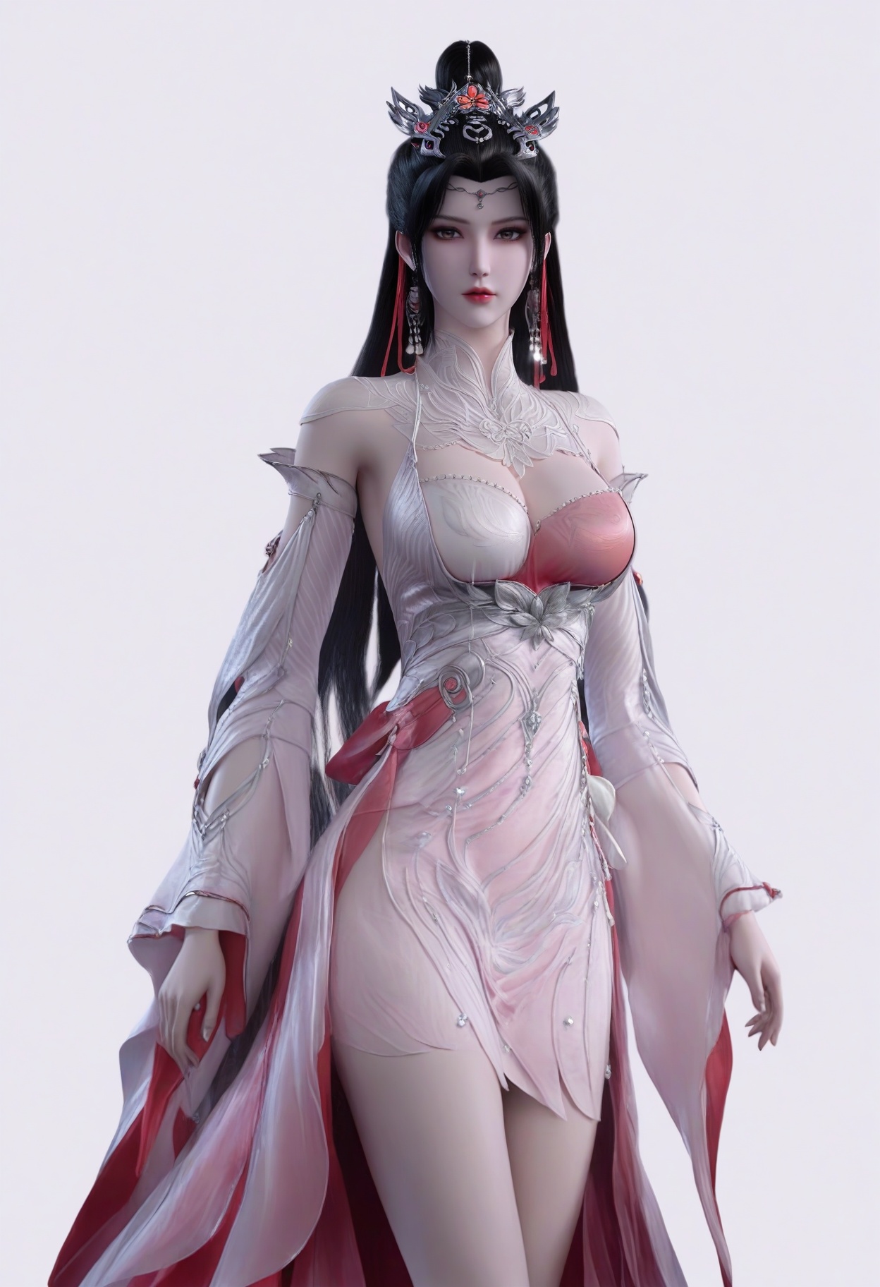 score_9,<lora:SF_LiuMeiSecondClothes_Pony_Realism2.3-000003:0.7>,1girl,solo,hair ornament,long hair,dress,hair bun,breasts,large breasts,detached sleeves,prink dress,eyeshadow,lips,black hair,looking at viewer,white background,simple background,bare legs,