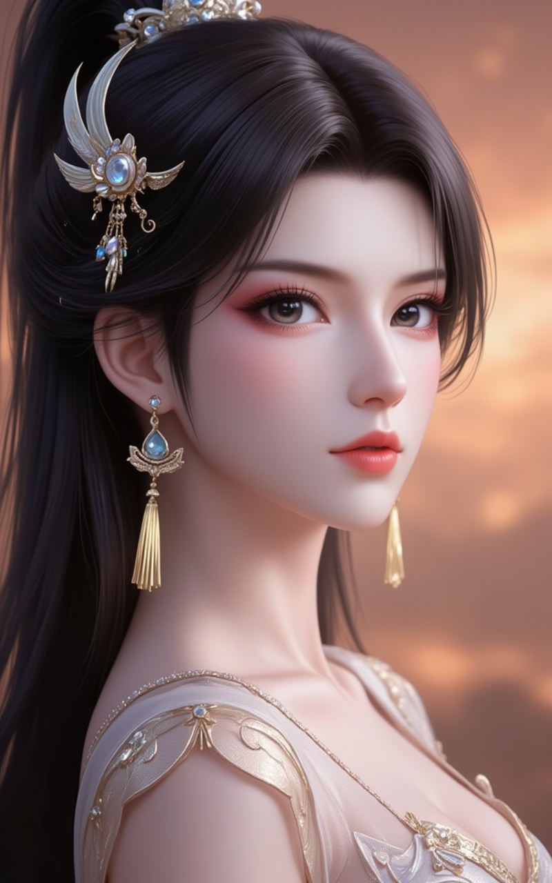 <lora:金箔岩彩·6:0.4>,jinbo,<lora:萧薰儿泛化版6:1>,xiaoxuner,earrings,hair ornament,ponytail,long hair,black hair,looking_at_viewer,jewelry,cover,gradient background,close-up details,outstanding style,adding a touch of dimension to your images without compromising details,close-up,<lora:DJ滤镜_2.5D版:0.4>,lvjing,<lora:油画唯美滤镜15:0.2>,baoshi,