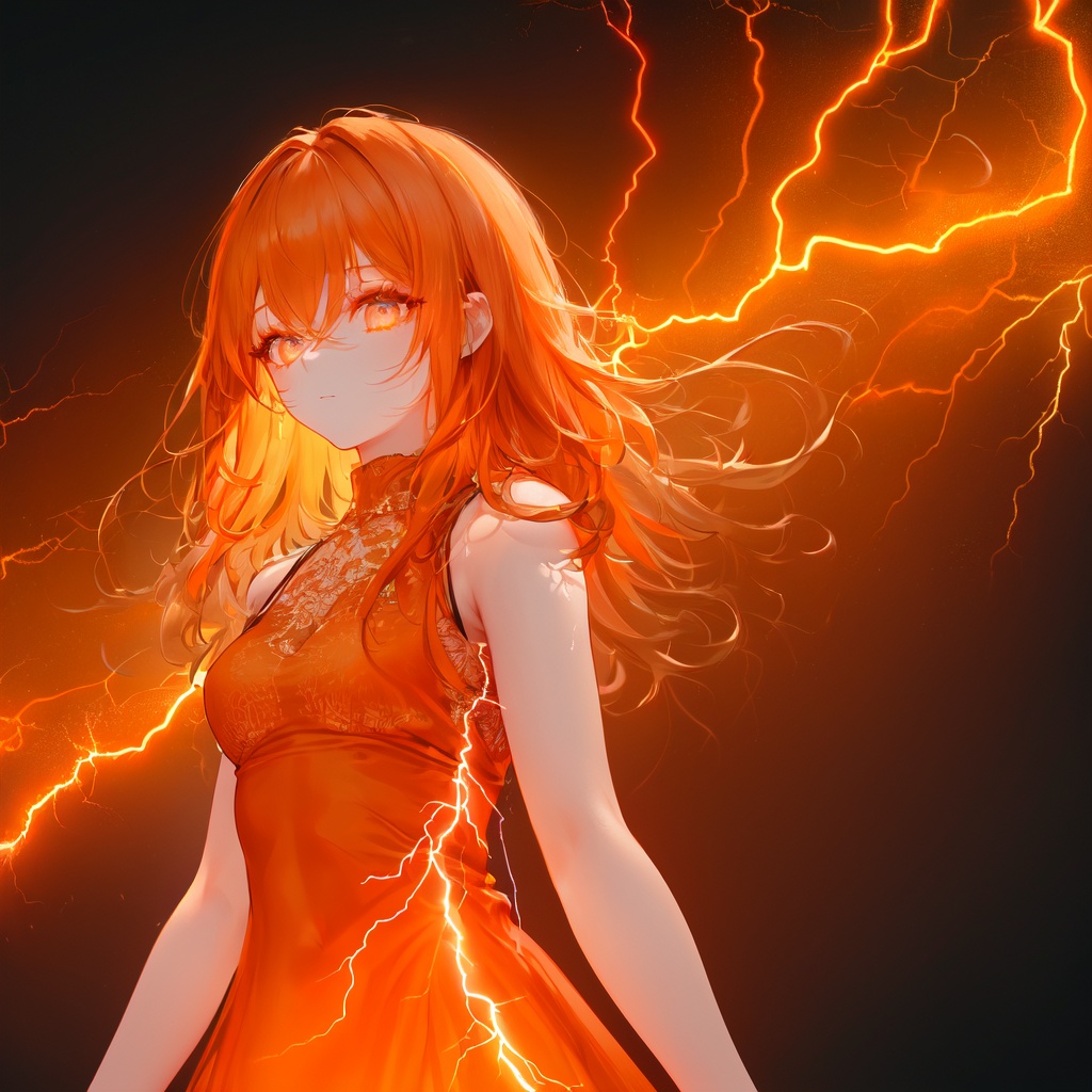 masterpiece,best quality, ultra-detailed, 1girl, beautiful detailed eyes, beautiful detailed glow, detailed lightning, beautiful detailed lightning,  long hair,orange lightning,glowing,electricity,gradient,light,(((orange dress))),orange Theme,Lightning hair,fully body,makeup <lora:ldv2-000008:0.5>，Lightning surrounds the body