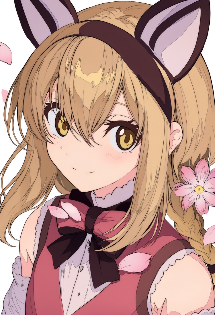 masterpiece, best quality,1girl, solo, fake animal ears, animal ears, looking at viewer, hair between eyes, closed mouth, bangs, blush, smile, petals, blonde hair, flower, white background, hair bow , yellow eyes, brown eyes, braid , <lora:焦茶XLlokr8f-000188:0.95>